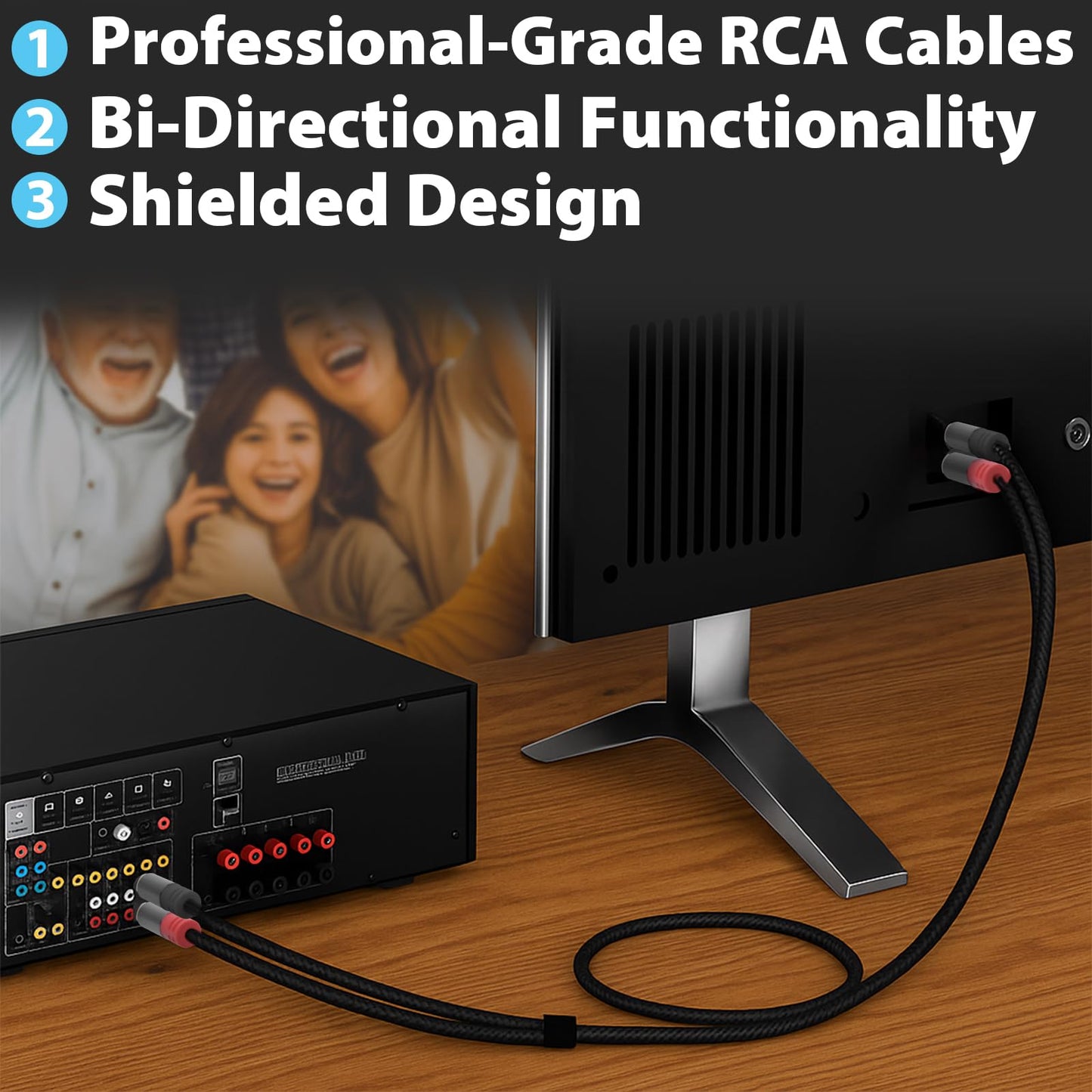 Cyberguys! RCA Audio Cable, 2RCA to 2 RCA Cables Car Audio Male to Male, Shielded Cables with Braided Jacket and Gold-Plated Connectors - for Home