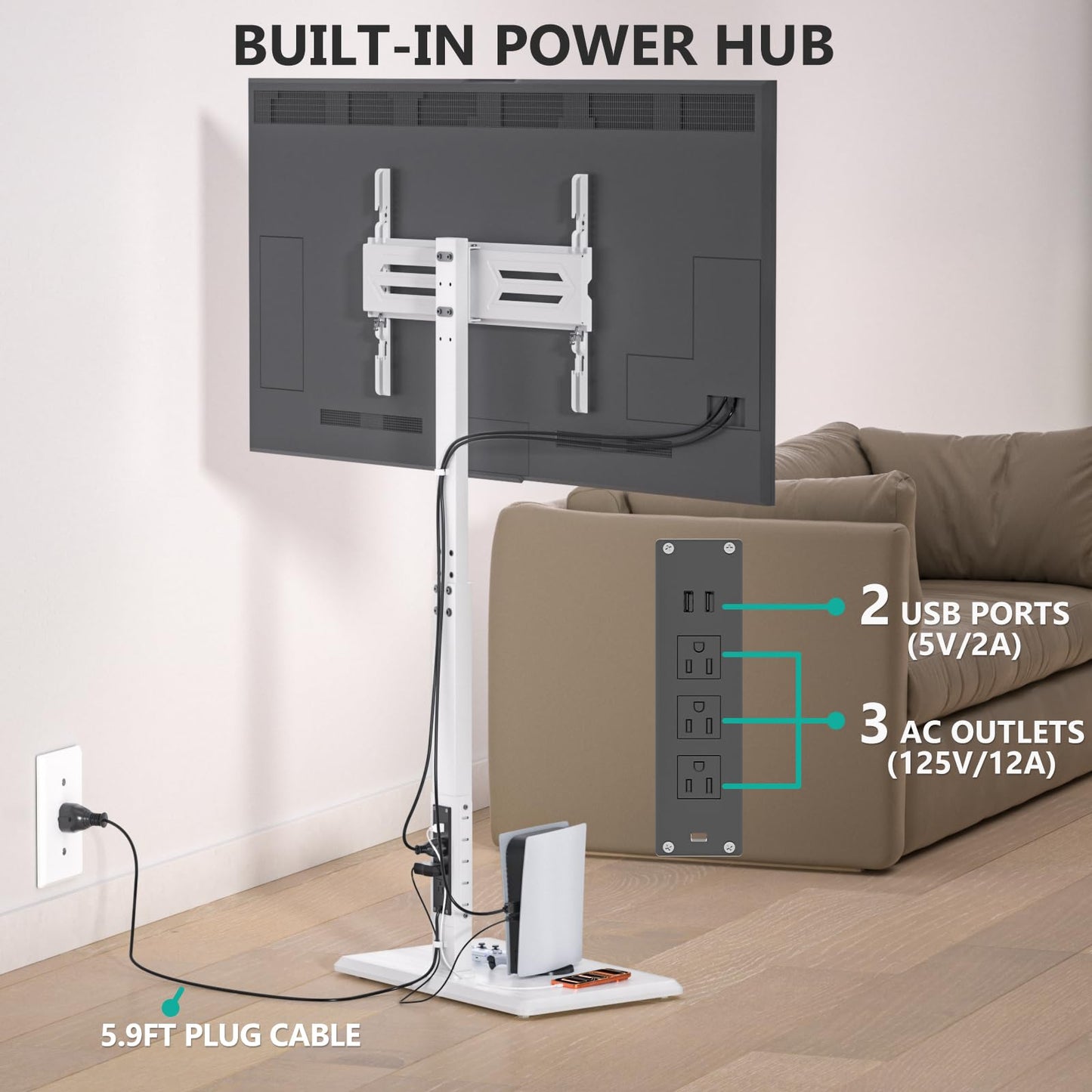 WALI Floor TV Stand with Power Outlet, Tall TV Stand Mount for 32-75 inch TVs up to 110 lbs, Swivel and Height Adjustable TV Stands with Wood Base