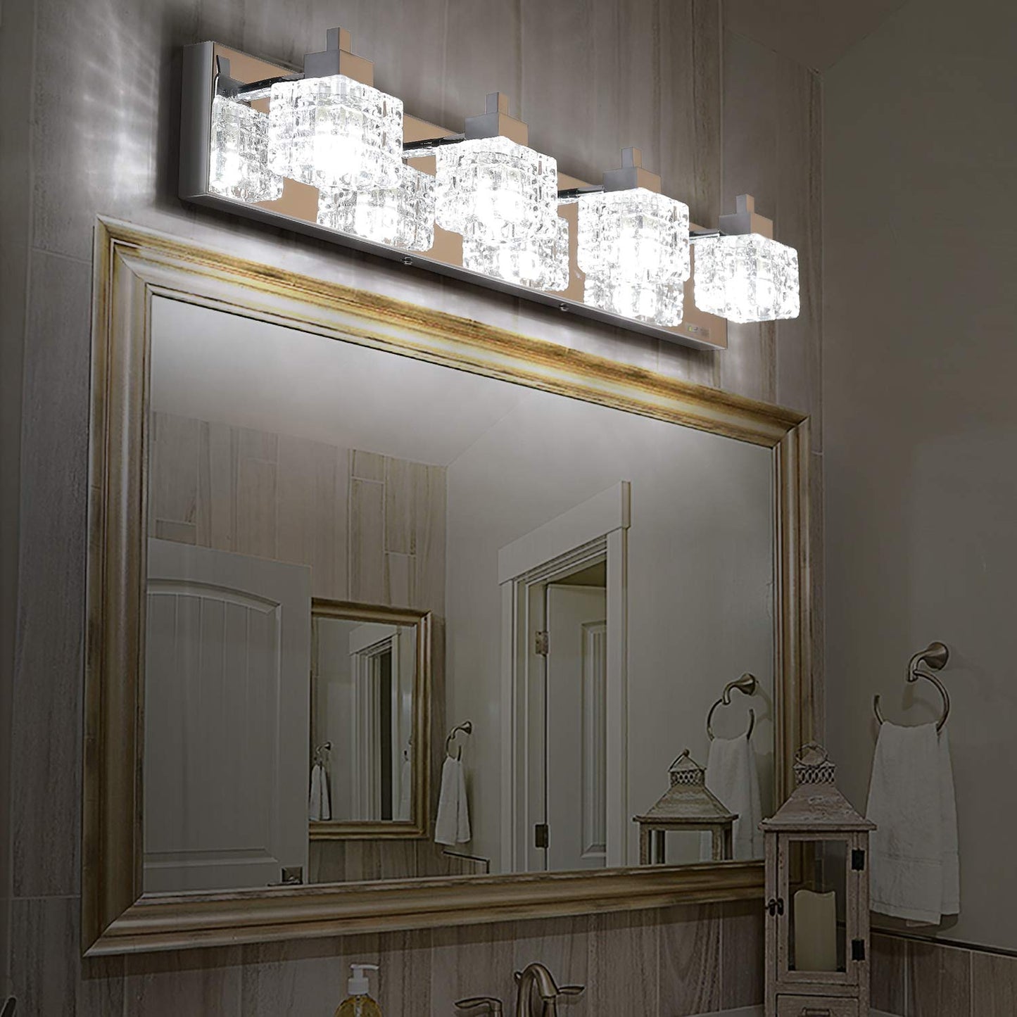 TRLIFE Bathroom Vanity Light Fixtures, 26inches Crystal Vanity Light Fixture Modern Bathroom Lights Over Mirror 4 Lights Vanity Light for Bath Room