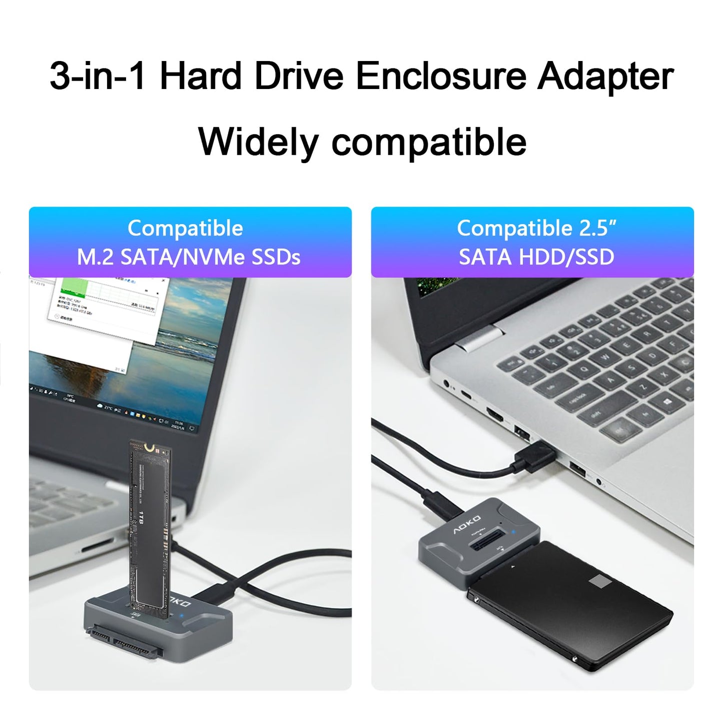 AOKO NVMe to USB 3.2(10Gbps) SSD Reader Docking Station - Portable M.2 SSD to USB Adapter External NVMe SSD Enclosure for M.2 PCIe NVMe and M.2 SATA