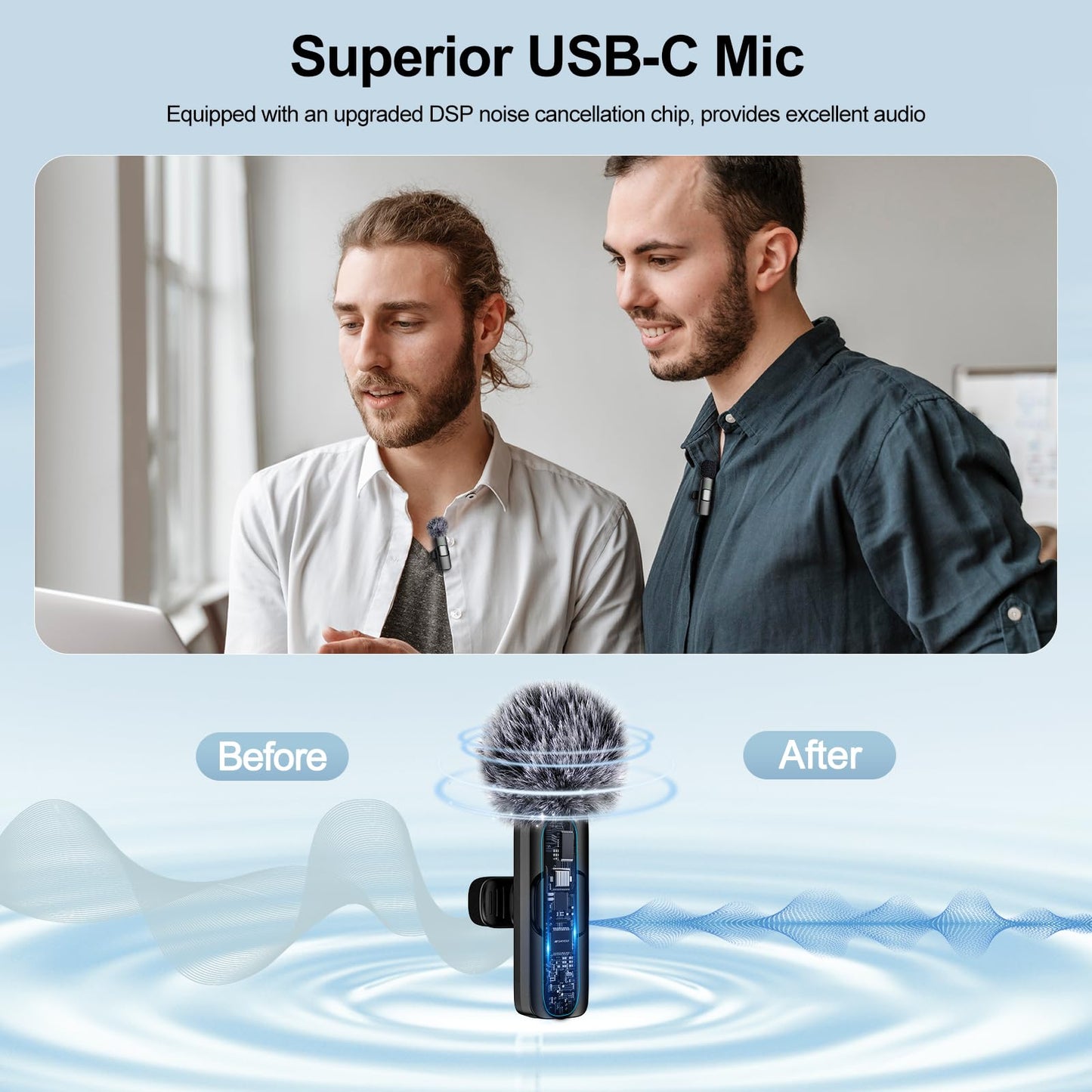 PoP voice USB C Mini Wireless Lavalier Microphone for iPhone/Android, Lapel Mic with Noise Reduction, Lav Mic for Video Recording, Tiny Microphone