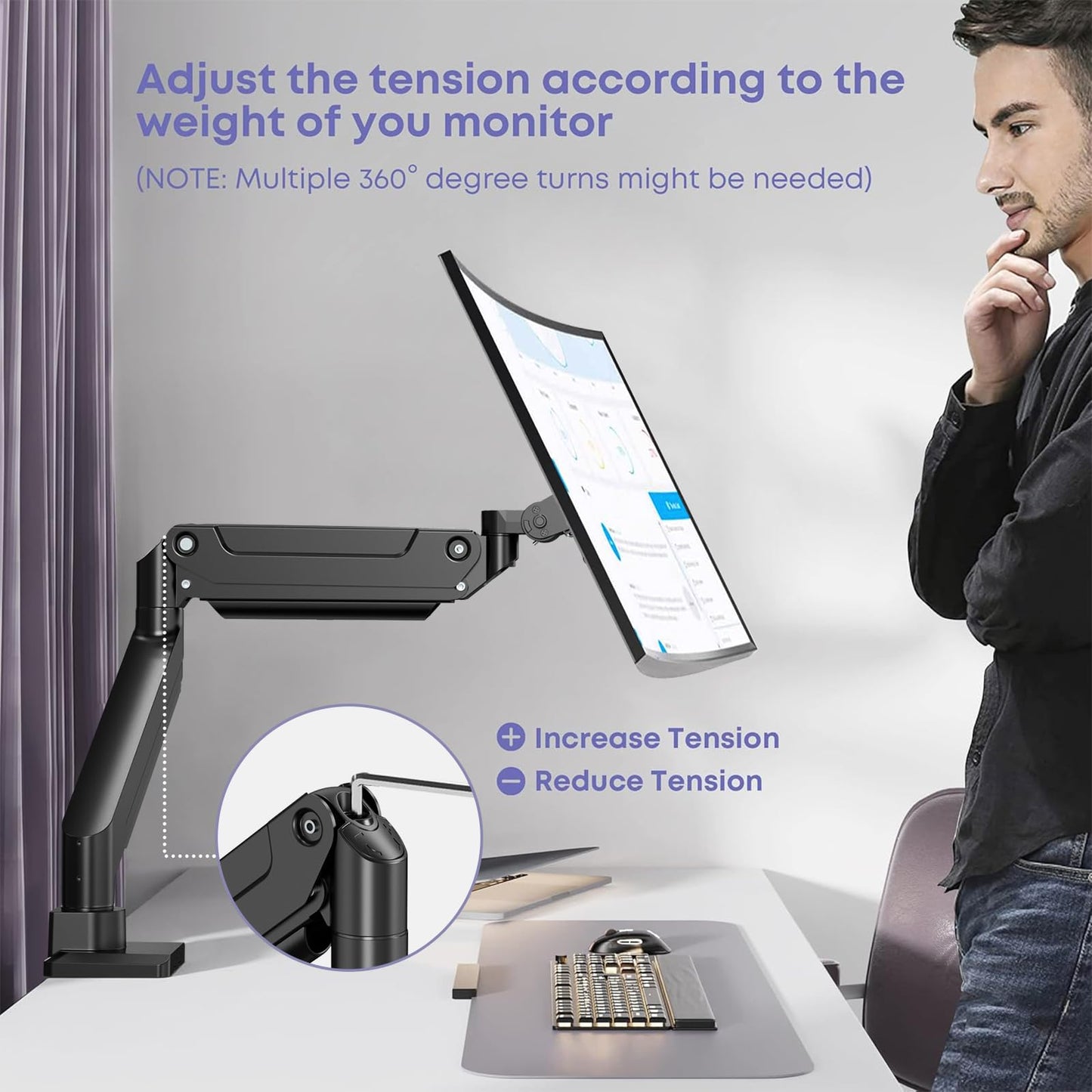 Heavy Duty Monitor Arm for Ultrawide Screens up to 49 inch and 39.6lbs, Premium Aluminum Single Desk Mount Stand with Gas Spring, VESA 75x75/100x100