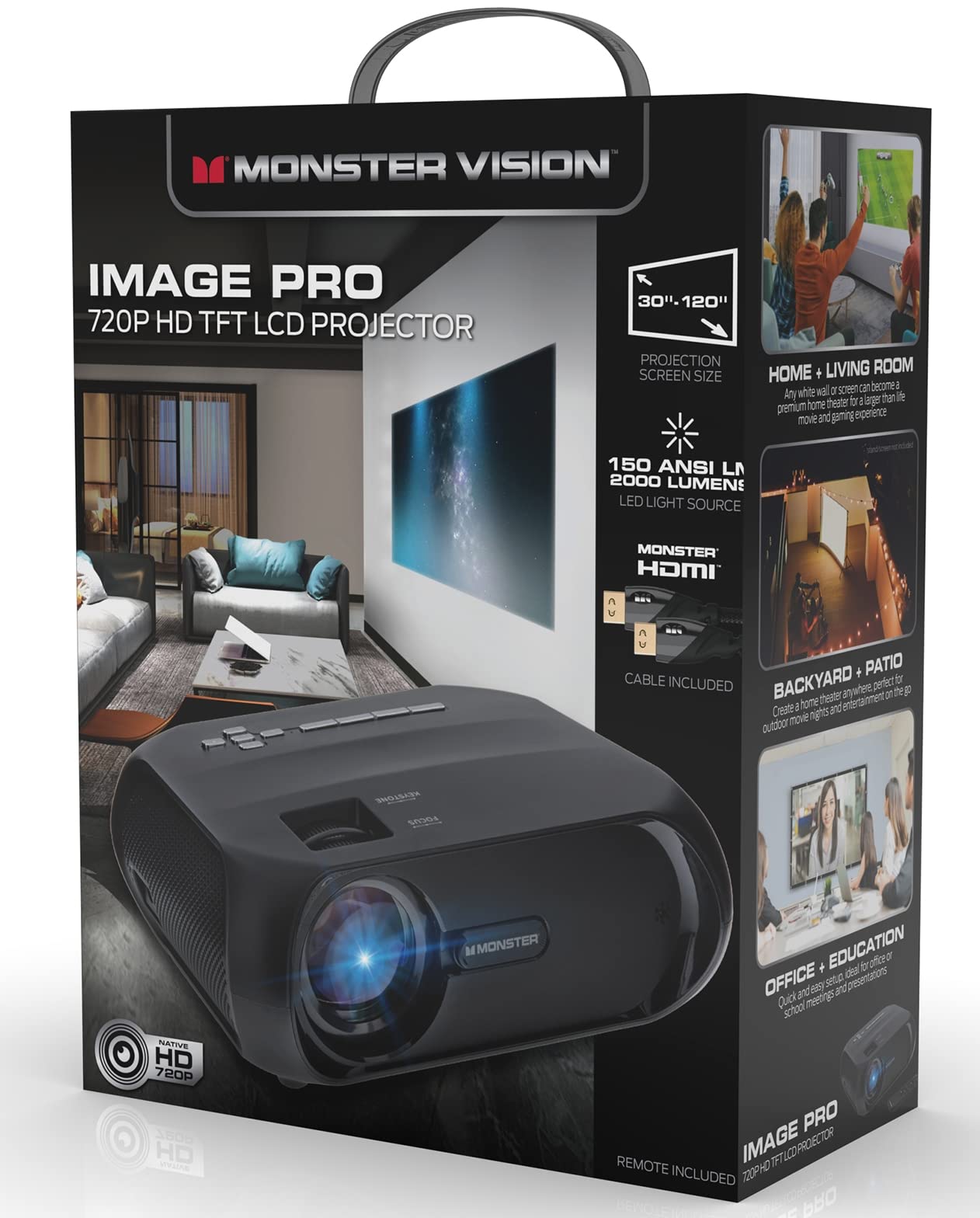 Monster Image Pro Extra-Bright LCD Projector, 2000 Lumens, Projects Up To 16ft, Max Resolution: 1080 HD, Universal Image/Audio/Video Support