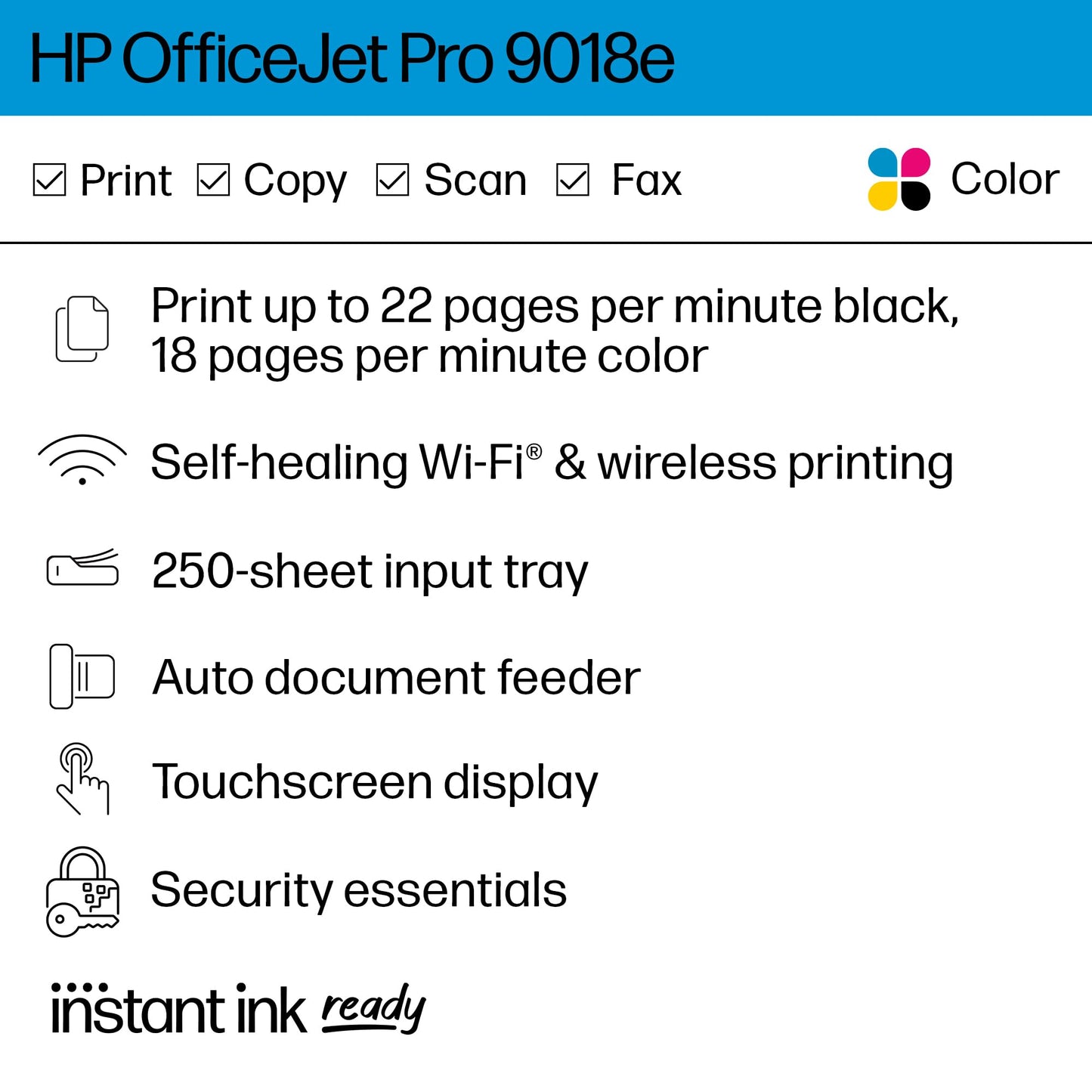 HP OfficeJet Pro 9018e Wireless All-in-One Color Inkjet Printer, Print, scan, Copy, fax, ADF, Duplex Printing Best for Office, 6 Months of Ink