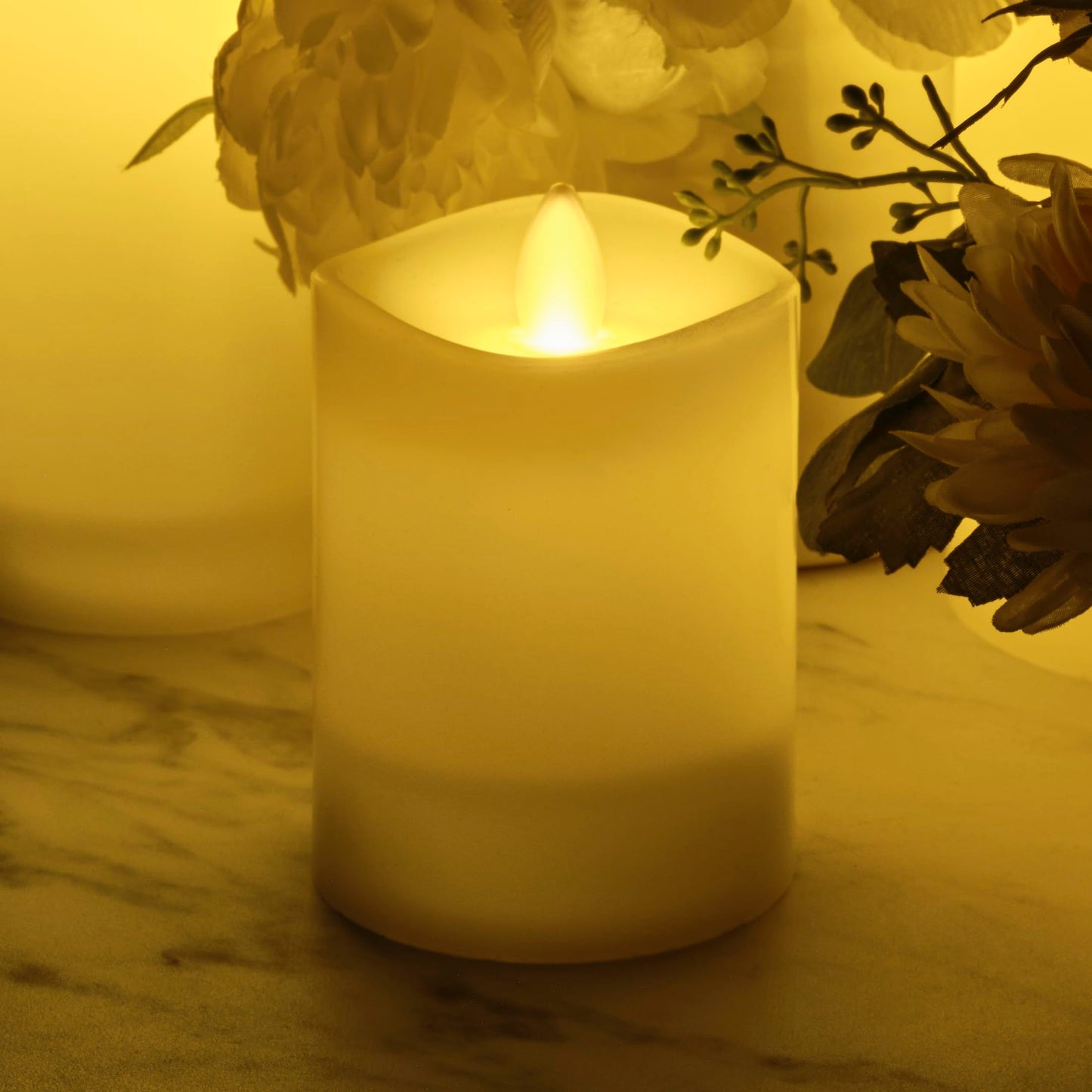 Mikasa LED Wax Pillar Candle 3 x 4 Inch White Flameless Candle with Dancing Flame Effect - Battery Operated with 5-Hour Timer for Home Decor and Table