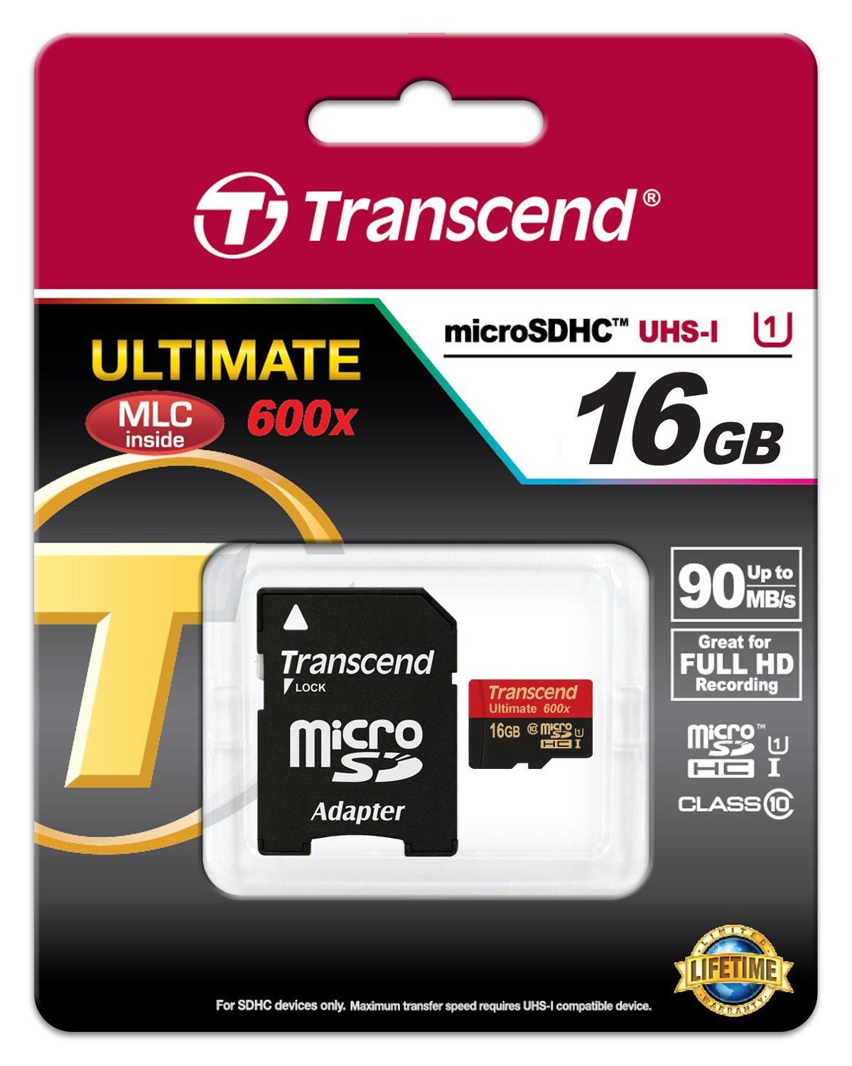 Transcend 16 GB MicroSDHC Class 10 UHS-I Memory Card with Adapter 90 Mb/s (TS16GUSDHC10U1)