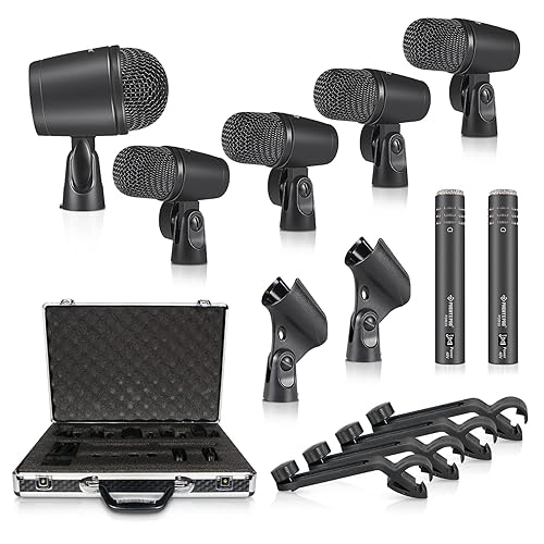 Phenyx Pro Drum Microphone Kit, 7-Piece Full Metal Wired Dynamic Mic Set for Bass/Tom/Snare/Hi-hat Cymbals, with Carrying Case, Holders, and Threaded