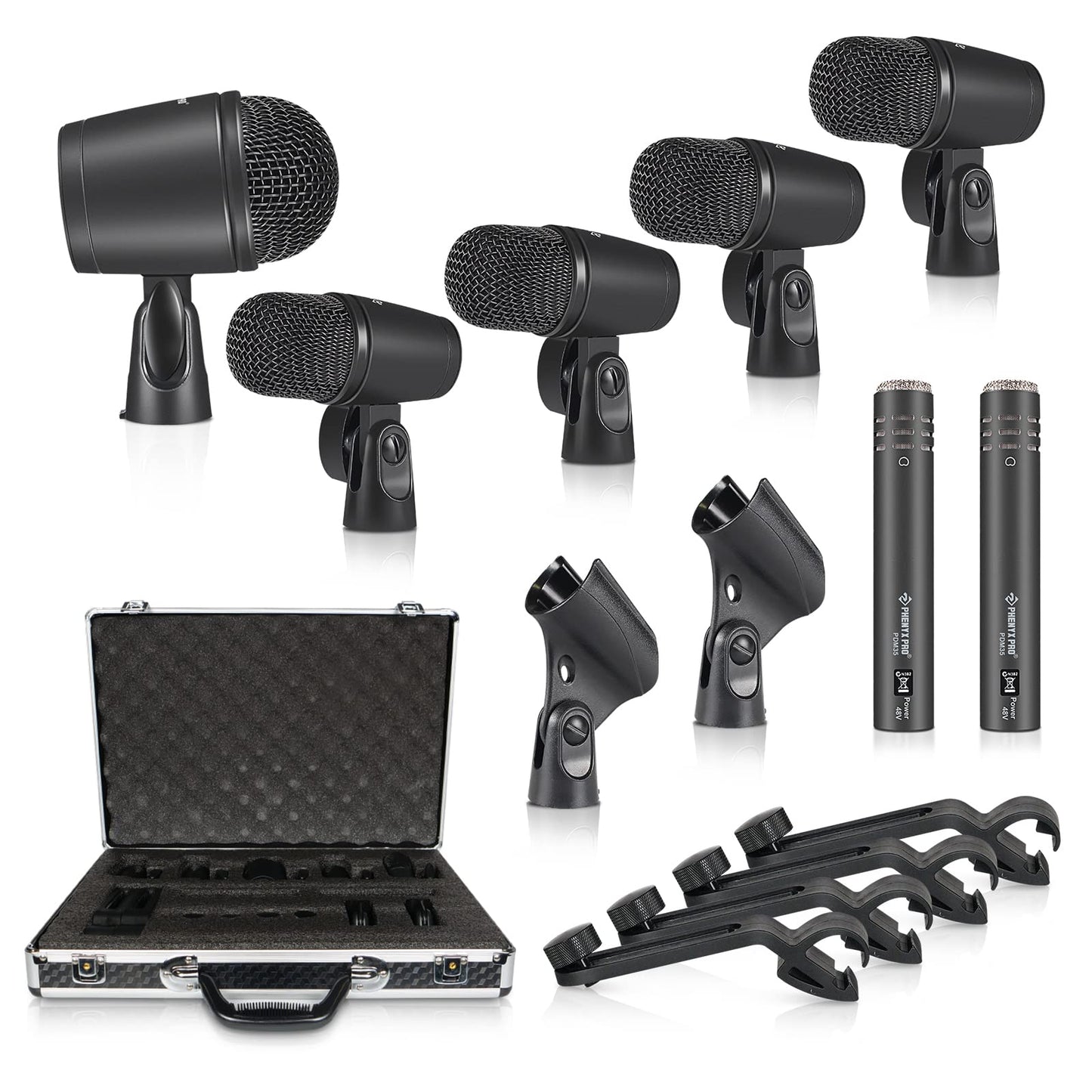 Phenyx Pro Drum Microphone Kit, 7-Piece Full Metal Wired Dynamic Mic Set for Bass/Tom/Snare/Hi-hat Cymbals, with Carrying Case, Holders, and Threaded