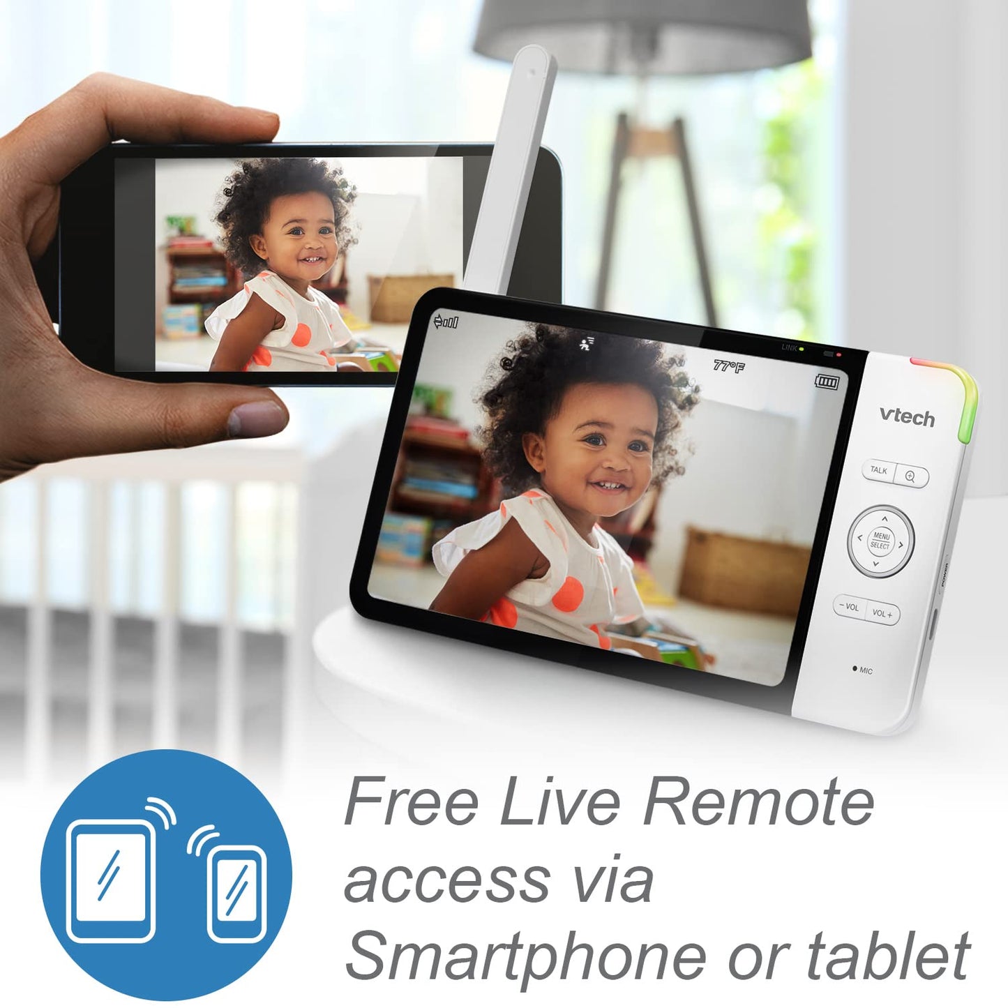 VTech RM7764-2HD Smart WiFi Baby Monitor with 2 Cameras, 1080p HD Video, 360° Pan & Tilt, 10x Zoom, 7" HD Parent Unit, Night Vision, Soothing Sounds