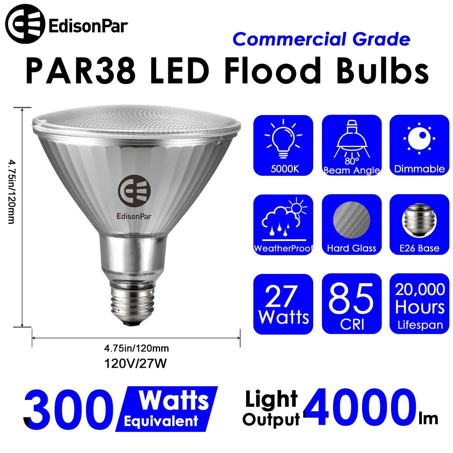 EdisonPar Full-Glass PAR38 LED Flood Light Bulbs Outdoor/Indoor Equivalent 300 Watt, 4000 Lumens Ultra Bright, Dimmable Waterproof 5000K Daylight