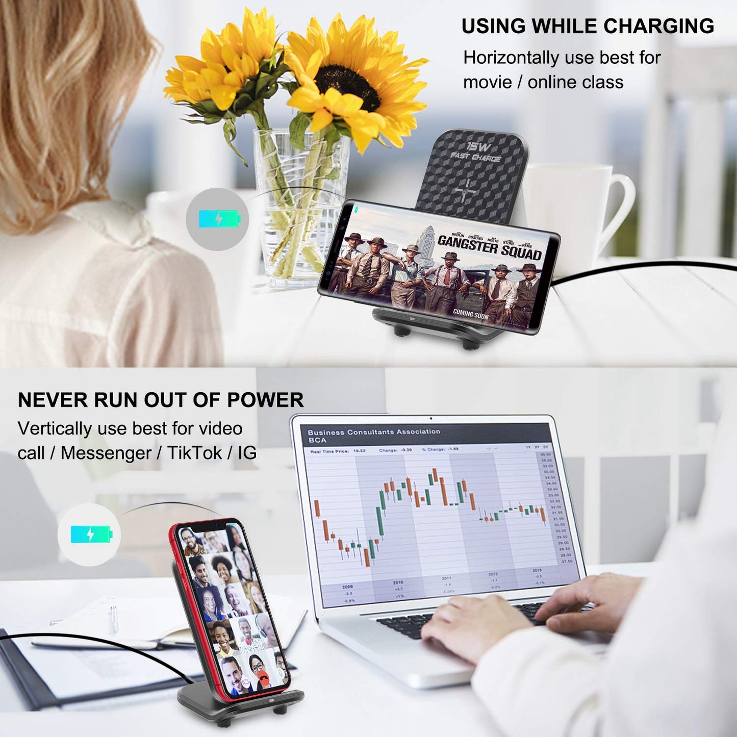 LUXSWAY Wireless Charging Station Inductive Phone Charger Dock 15W Fast Qi-Certified Wireless Charging Stand Compatible with iPhone 15 14 13 12 11 Pro
