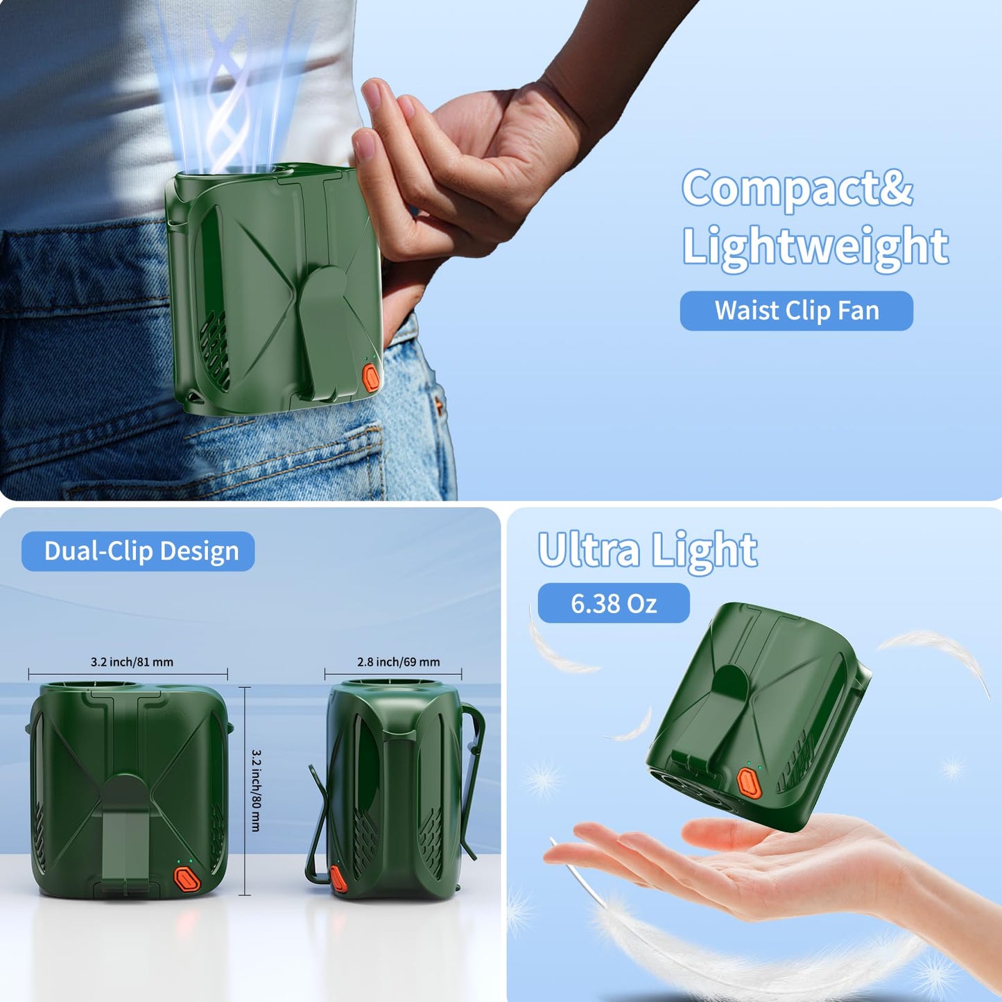 ZipVorb 2025 Portable Waist Fan, 6 Speeds 14000RPM Strong Airflow, with Clip-on, 6000mAh Rechargeable Battery up to 31H Working Time, Wearable Belt