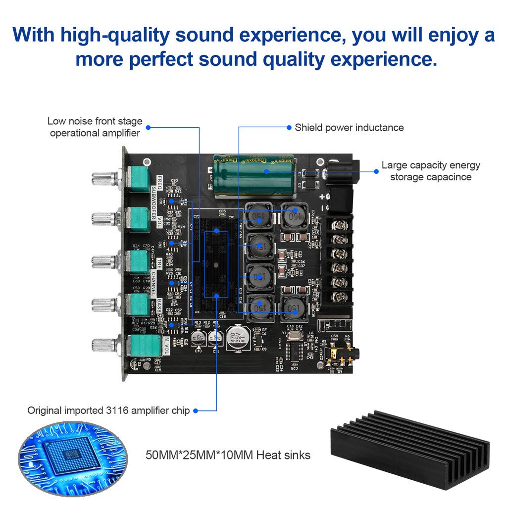 Bluetooth Audio Amplifier Board, ZK-TB21 2.1CH 50W x 2 +100W Subwoofer Power Amp with Treble and Bass Control, Bluetooth5.0 and AUX Inputs, Stereo