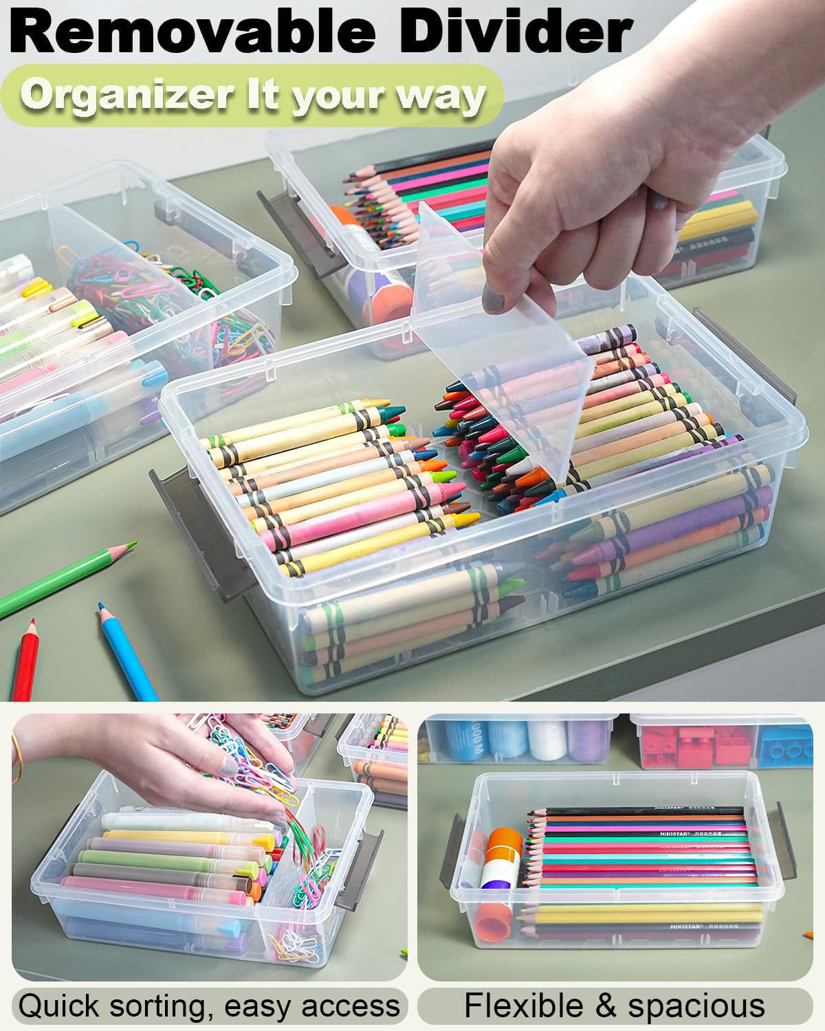 GEOPHIA 6 Pack Extra Large Pencil Box with Removable Divider, Thickened Pencil Case Bulk, Clear Crayon Marker Organizer Stackable Plastic Small
