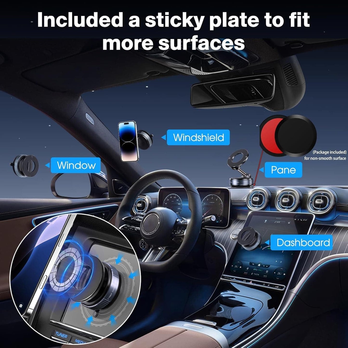 Magnetic Phone Mount, Multi-Surface Stand with N52 Magnet, 5.9-inch Adjustable Arm, for Car, Office Desk, Kitchen (Black)