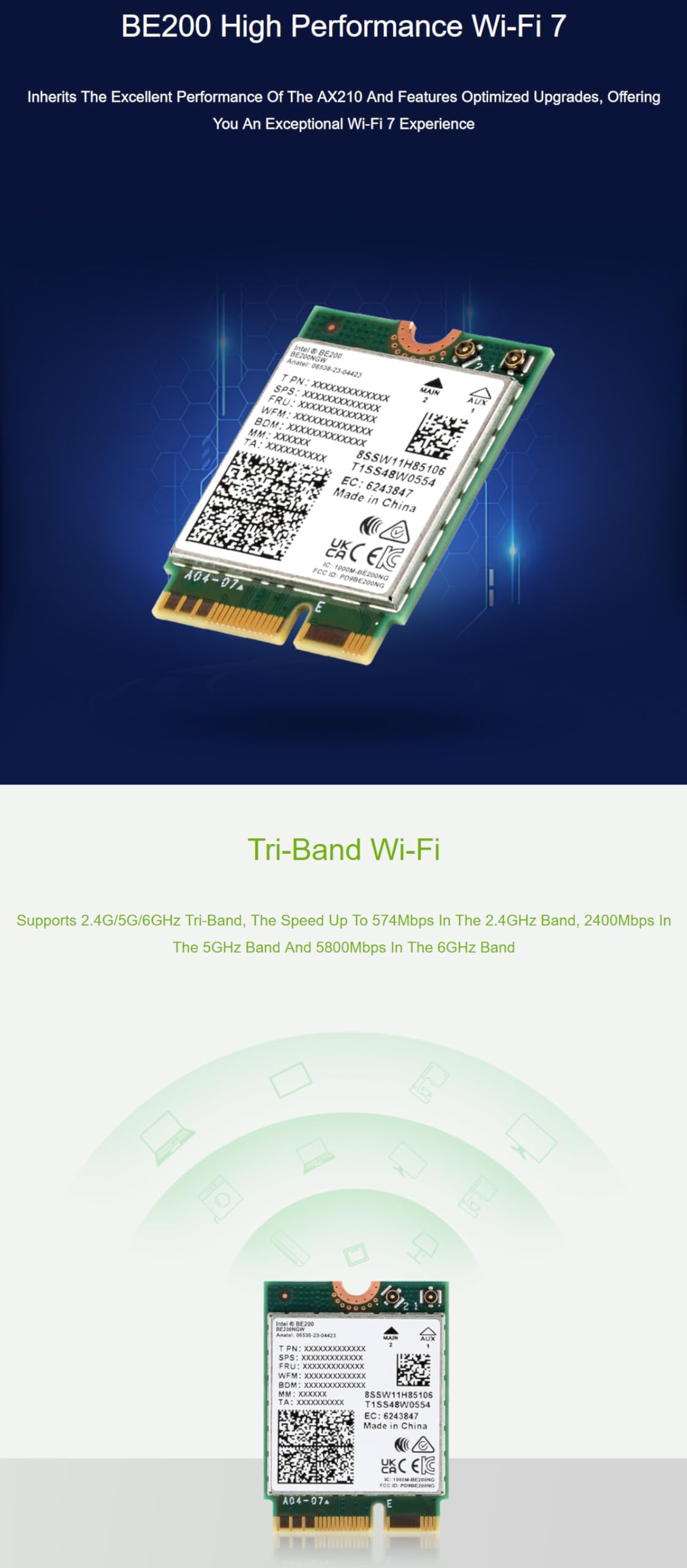 XYGStudy Wireless BE200 NIC, Gigabit Tri-Band Wi-Fi 7, IEEE 802.11a/b/g/n/ac/be/ax Standard, BLT 5.4 (Wireless-BE200)