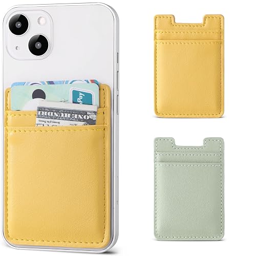 Fulgamo 2Pack Phone Card Holder,Leather Phone Wallet Adhesive Stick On Credit Card Pocket for Back of Phone Case iPhone and Android-Yellow,Green