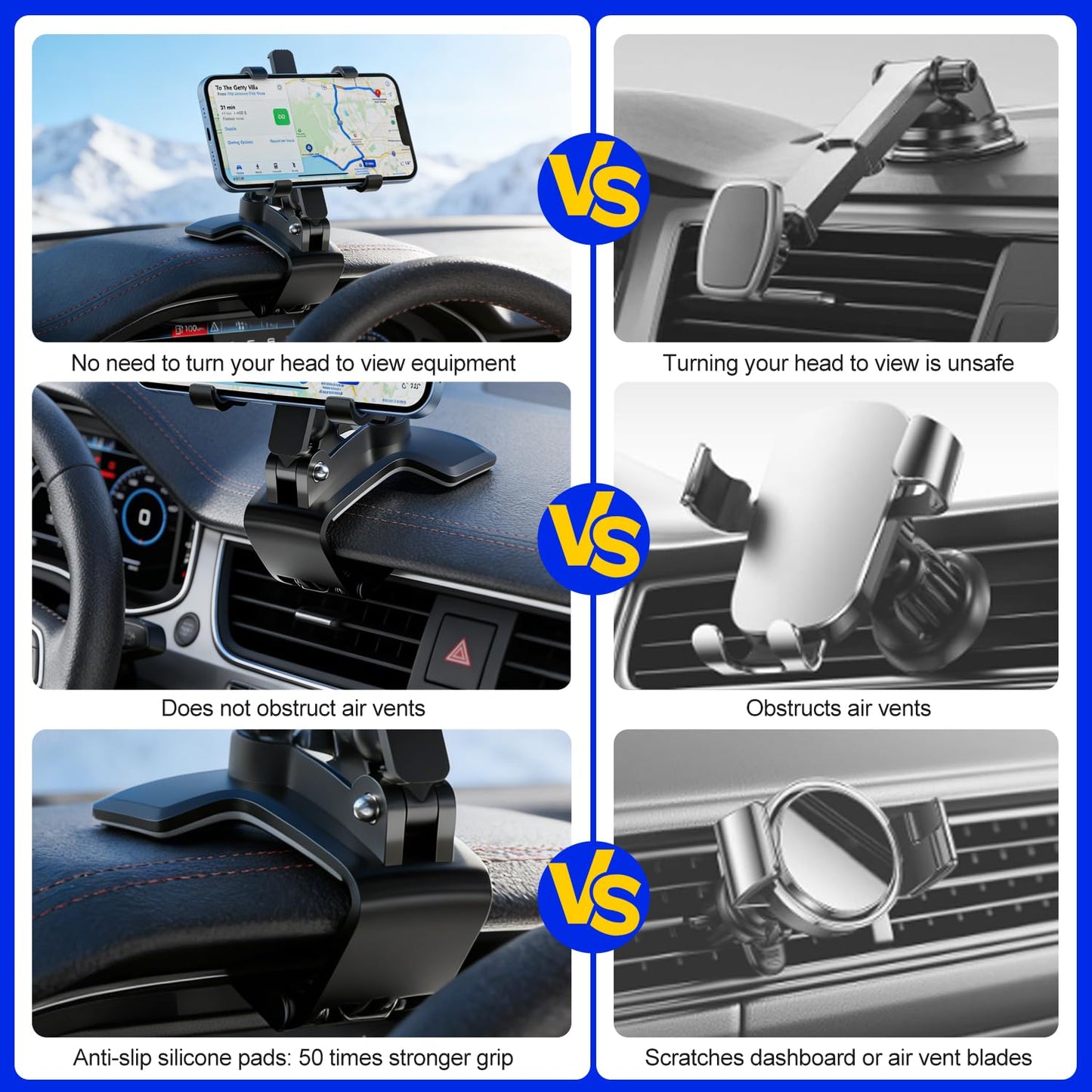 HYTAMY Car Phone Holder, Clip-on Smartphone Holder, 360° Rotation Dashboard Phone Holder, Car Phone Mount Compatible with 4.3-7.6“ Smartphones (NOT