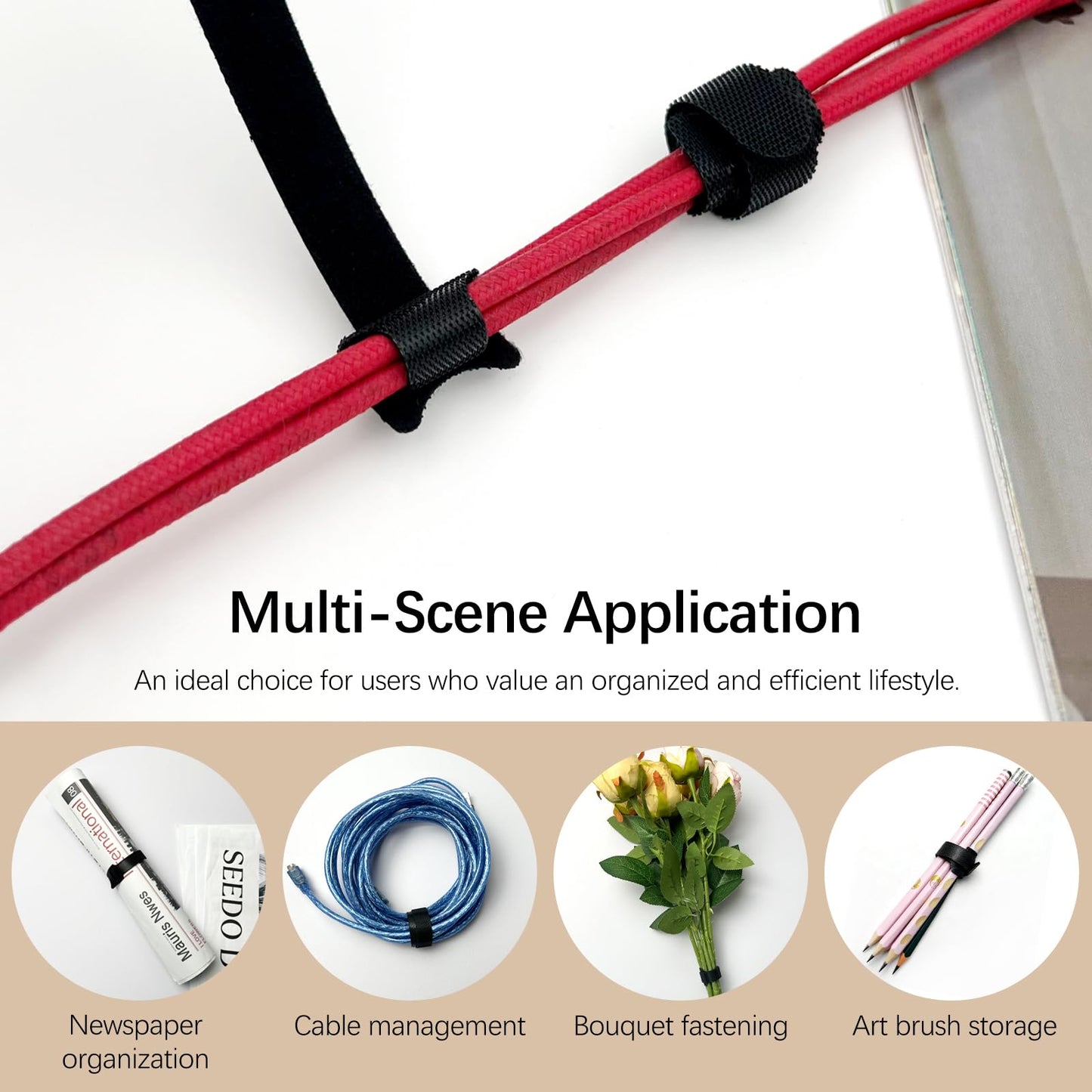 60-Pack Reusable Nylon Cable Ties - Adjustable Hook and Loop Cord Organizer Straps for Home, Office, and Outdoor Use