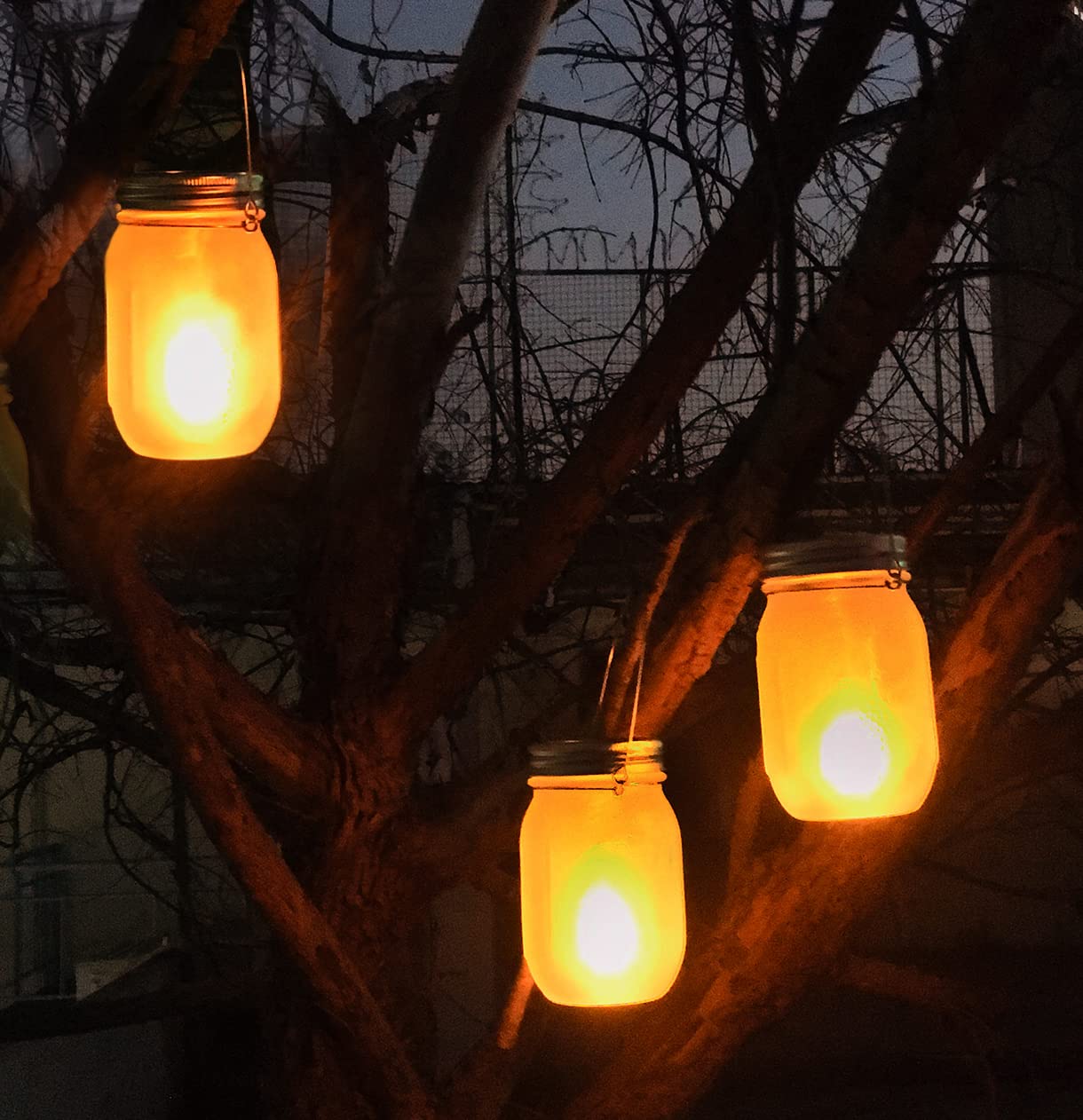 Solar Mason Jar Flicker Lights Upgraded, 4 Pack Flickering Torches Lights Outdoor Hanging Lanterns Landscape Decoration Lighting Dusk to Dawn Auto