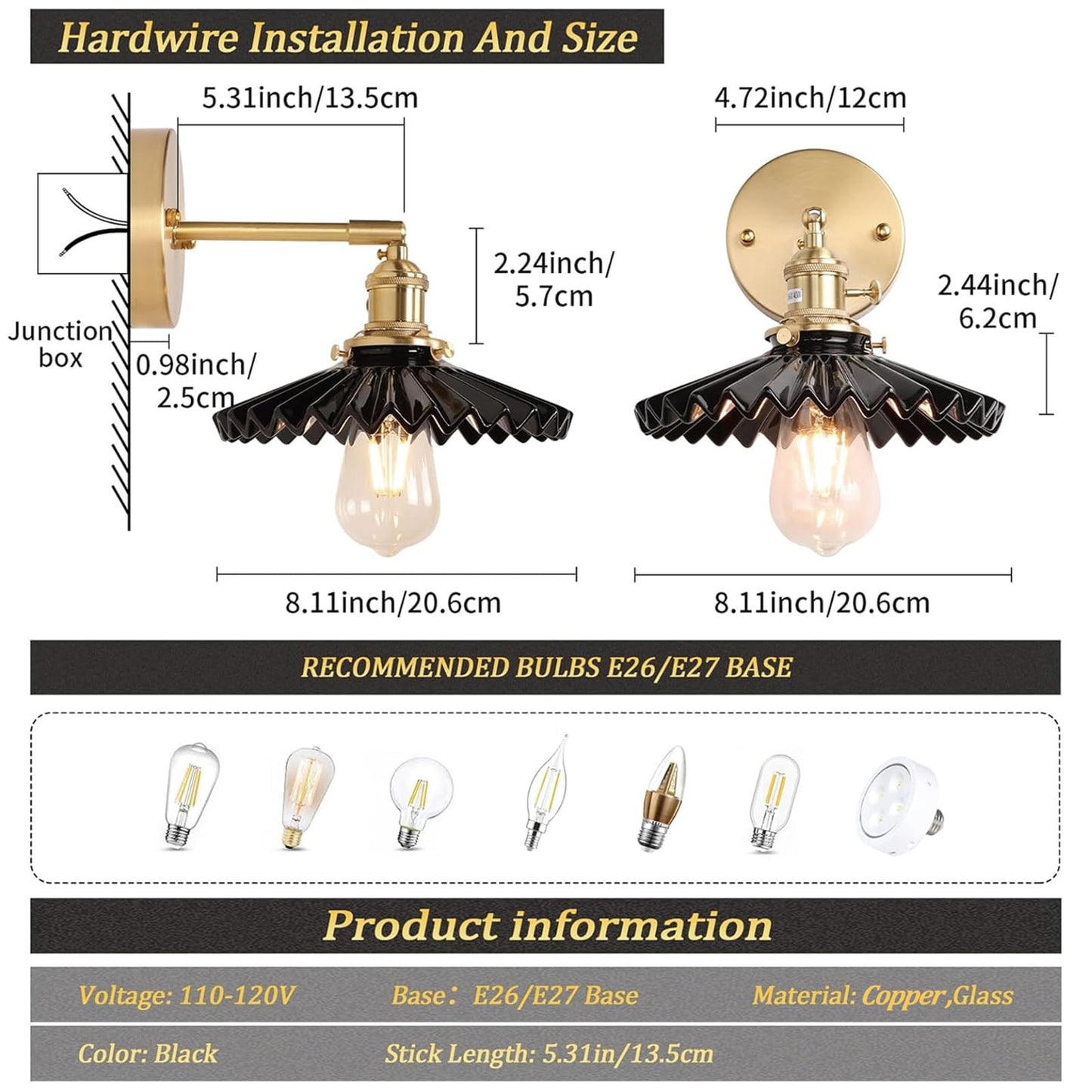 Shenmoyl Vintage Wall Sconce with Black Pleated Ceramic Lampshade 180 Degree Adjustable Brass Sconces Wall Lighting Fixture with Switch for Bedside