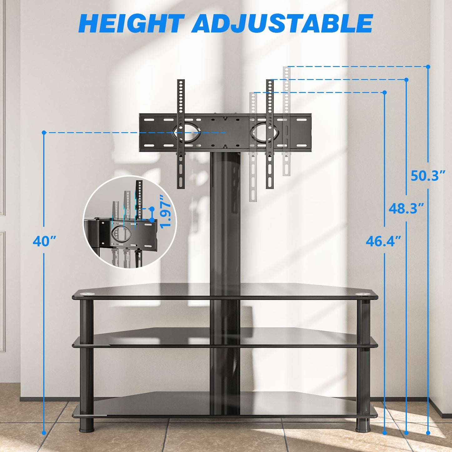 Rfiver Corner Swivel Glass TV Stand with Mount for 32-70 Inch Screen TV up to 110lbs, Height Adjustable Corner TV Stand with Mount, Entertainment