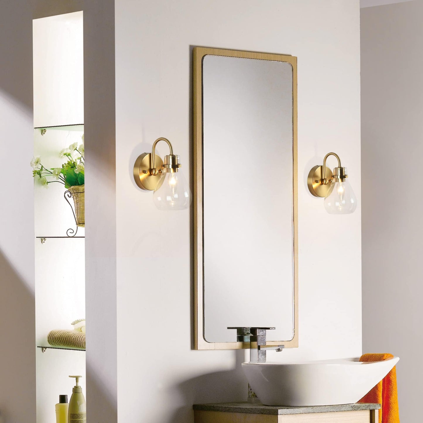GEPOW Gold Sconces Wall Lighting, Modern 1-Light Wall Sconce with Clear Glass Shade, Electroplated Brass Wall Mounted Light Fixture for Bathroom