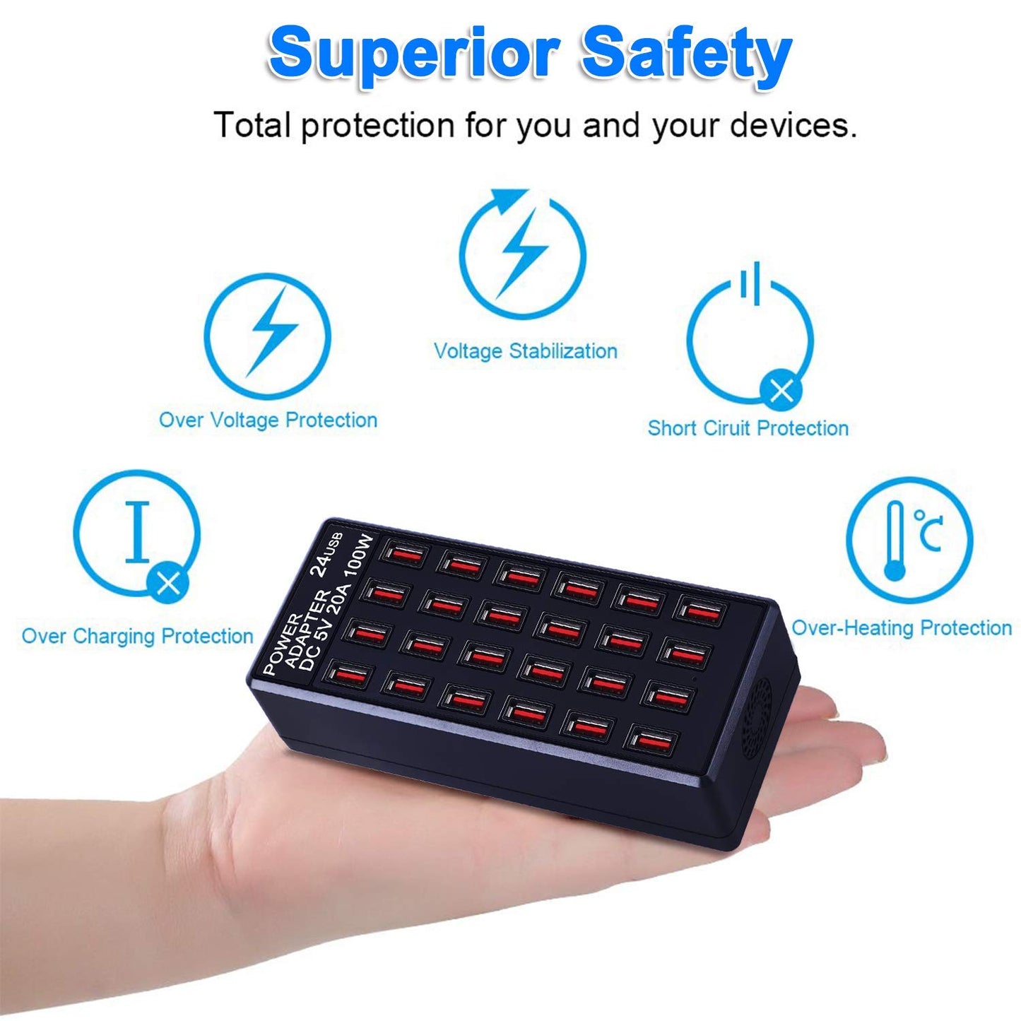 24-Port 100 watt (20 A) USB Charging Station, Home Desktop Fast Charger, Multiple Chargers, Suitable for Hotels, Shops, Schools, Shopping malls
