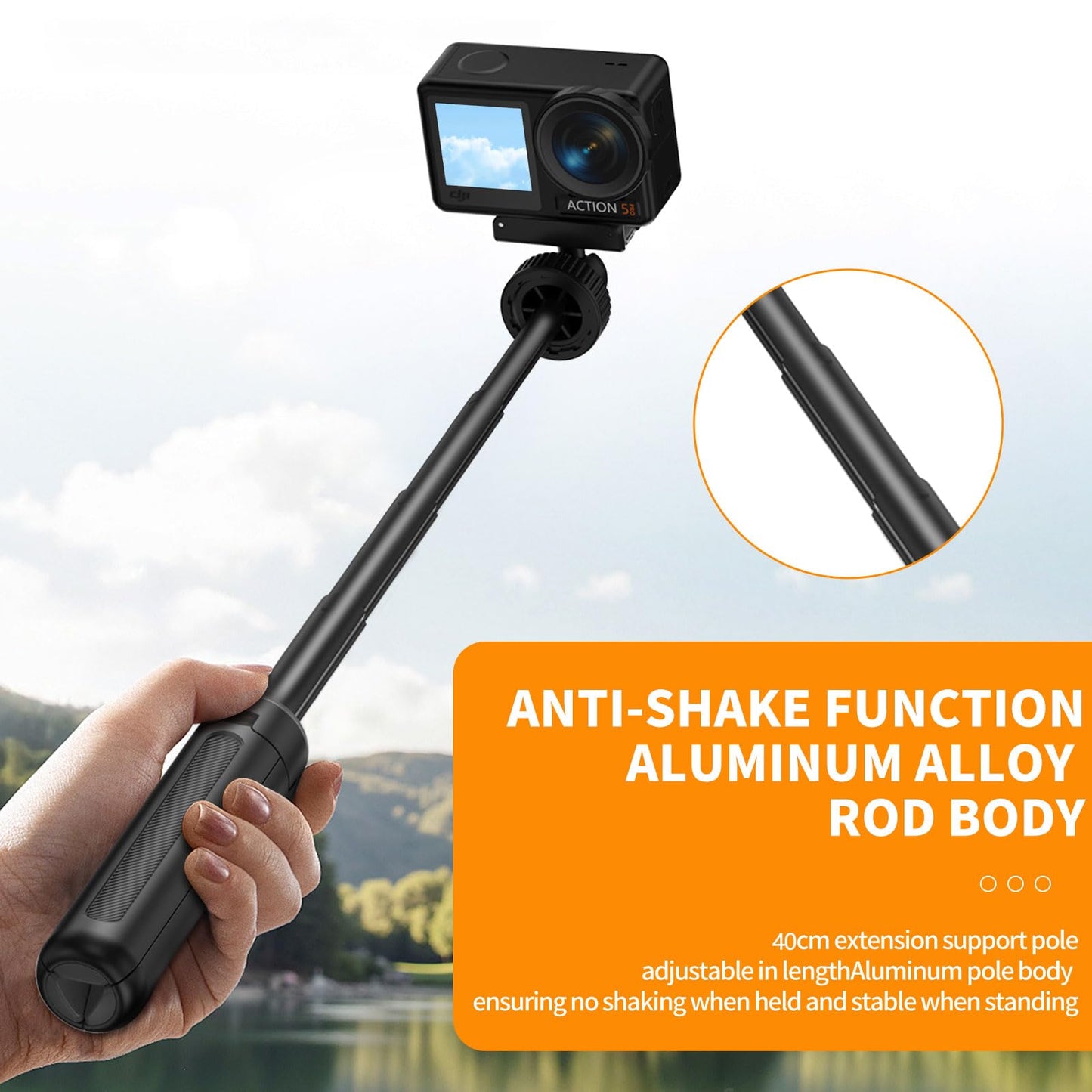 YUNJITONN Magnetic Quick Release Extension Rod Compatible with DJI Osmo Action 5 Pro/4/3/360, Extendable Selfie Stick Tripod, Black, Portable Vlog
