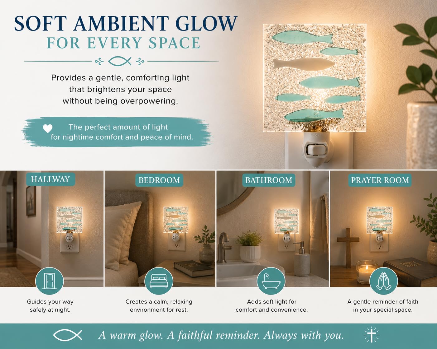 J Devlin Glass Art Stained Glass Night Light, Swimming Against the Current, Fish, Water, Plug in nightlight for Bedroom/Bathroom/Stairway/Hallway Home