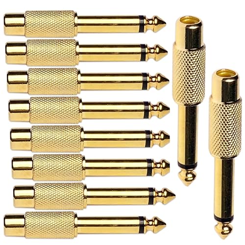 6.35mm 1/4" TS Plug to RCA Female Jack Adapter Connector - 6.35mm Mono Male to RCA Female, Gold-Plated, 10 Pack