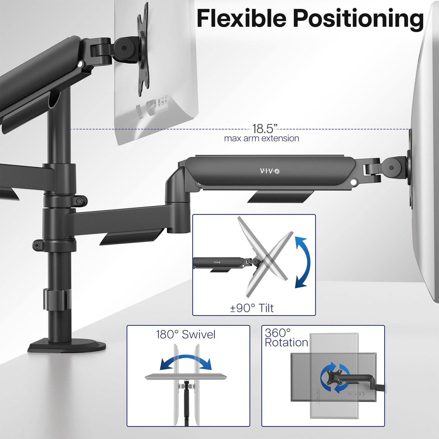 VIVO 17 to 32 inch Dual Mechanical Monitor Mount, 2 Tension Spring Arms, Adjustable Swivel, Rotation, Heavy Duty VESA Desk Stand with C-clamp