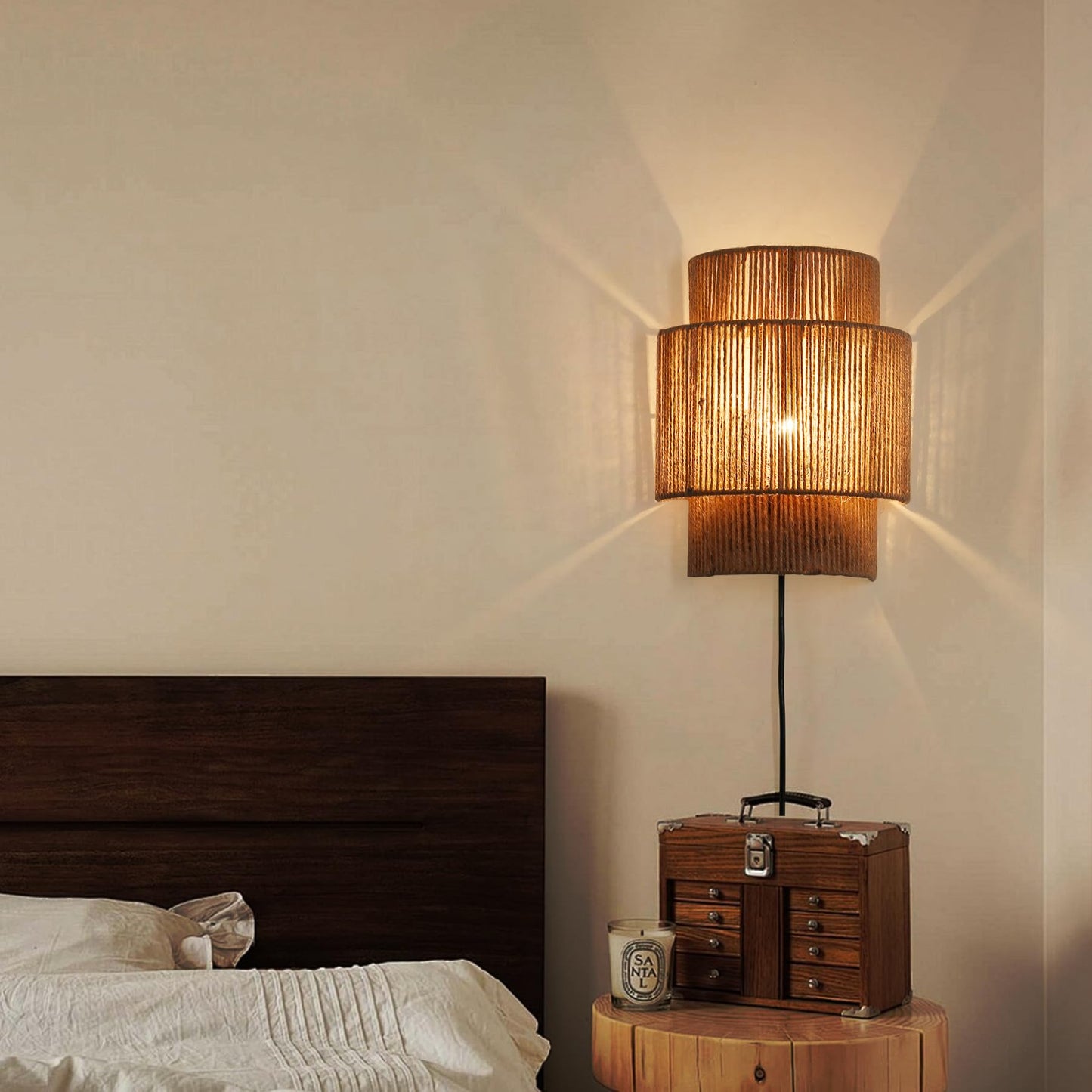 ATALUZ Rattan Farmhouse Plug in Wall sconces for Bedroom, Vintage Fabric Ambient Wall lamp