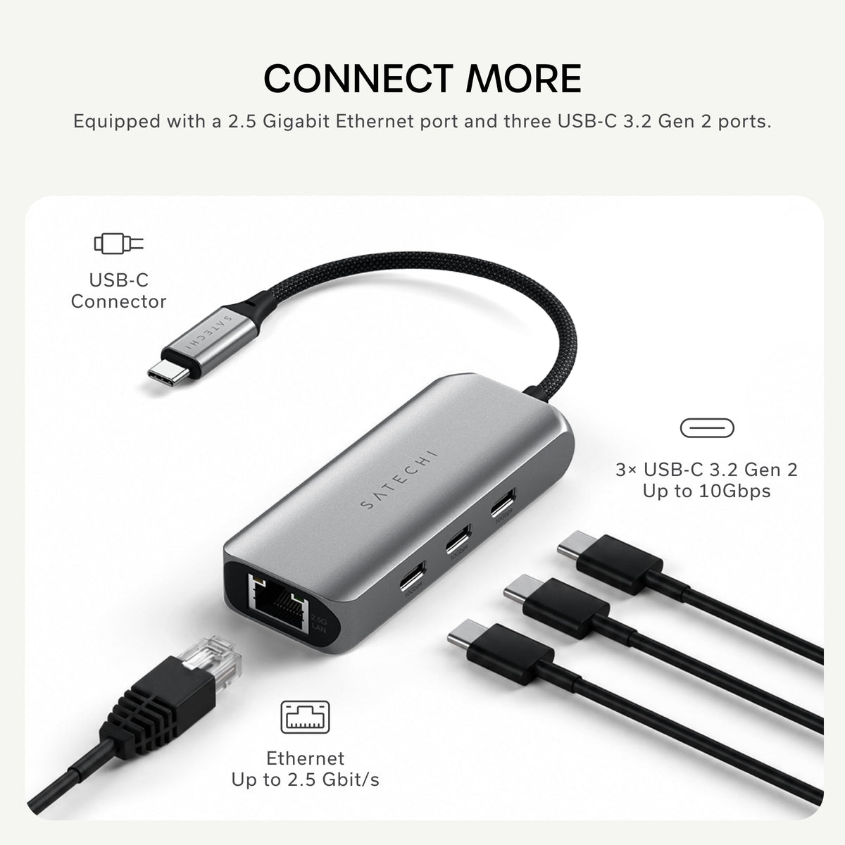 Satechi 4-in-1 USB-C Ethernet Adapter, 2.5 Gbps Speed, Chrome