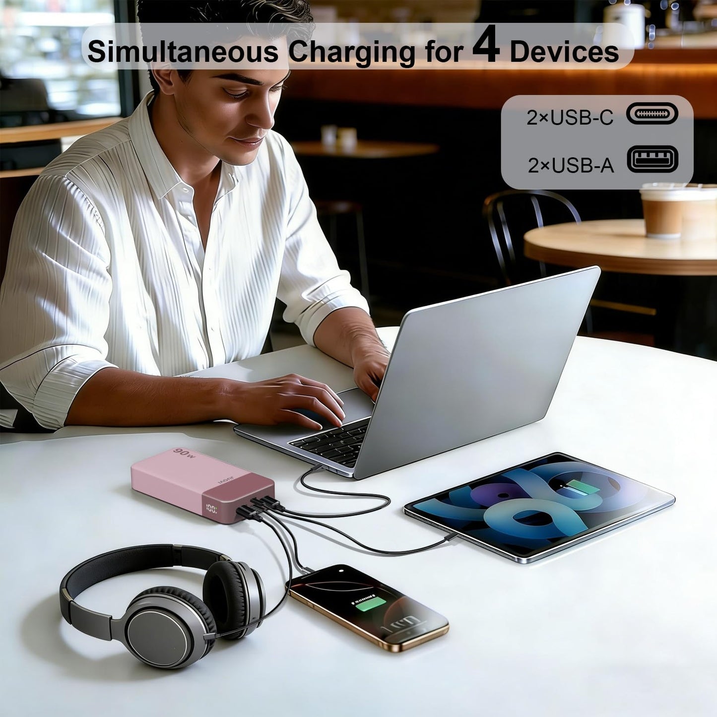 JUOVI Portable Charger, 90W Laptop Power Bank 20000mAh Portable Phone Charger, Power Bank Fast Charging with 2 USB-C & 2 USB-A Ports,Battery Bank