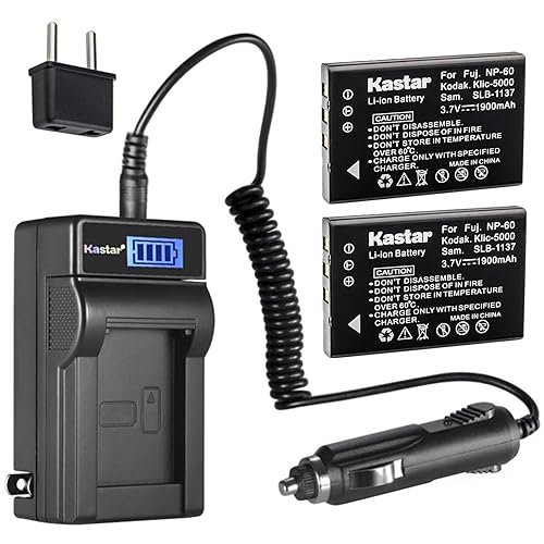 Kastar 2-Pack NP-60 Battery and LCD AC Charger Compatible with Vivitar Video Cameras DVR-840XHD DVR-565HD DVR-390H DVR-530 DVR-545 DVR-550 DVR-550G