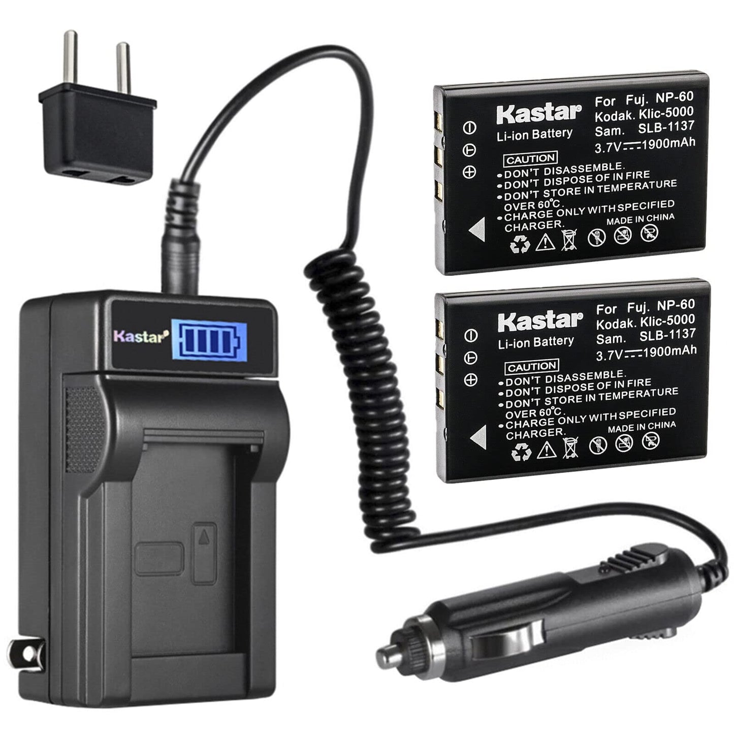 Kastar 2-Pack NP-60 Battery and LCD AC Charger Compatible with Vivitar Video Cameras DVR-840XHD DVR-565HD DVR-390H DVR-530 DVR-545 DVR-550 DVR-550G
