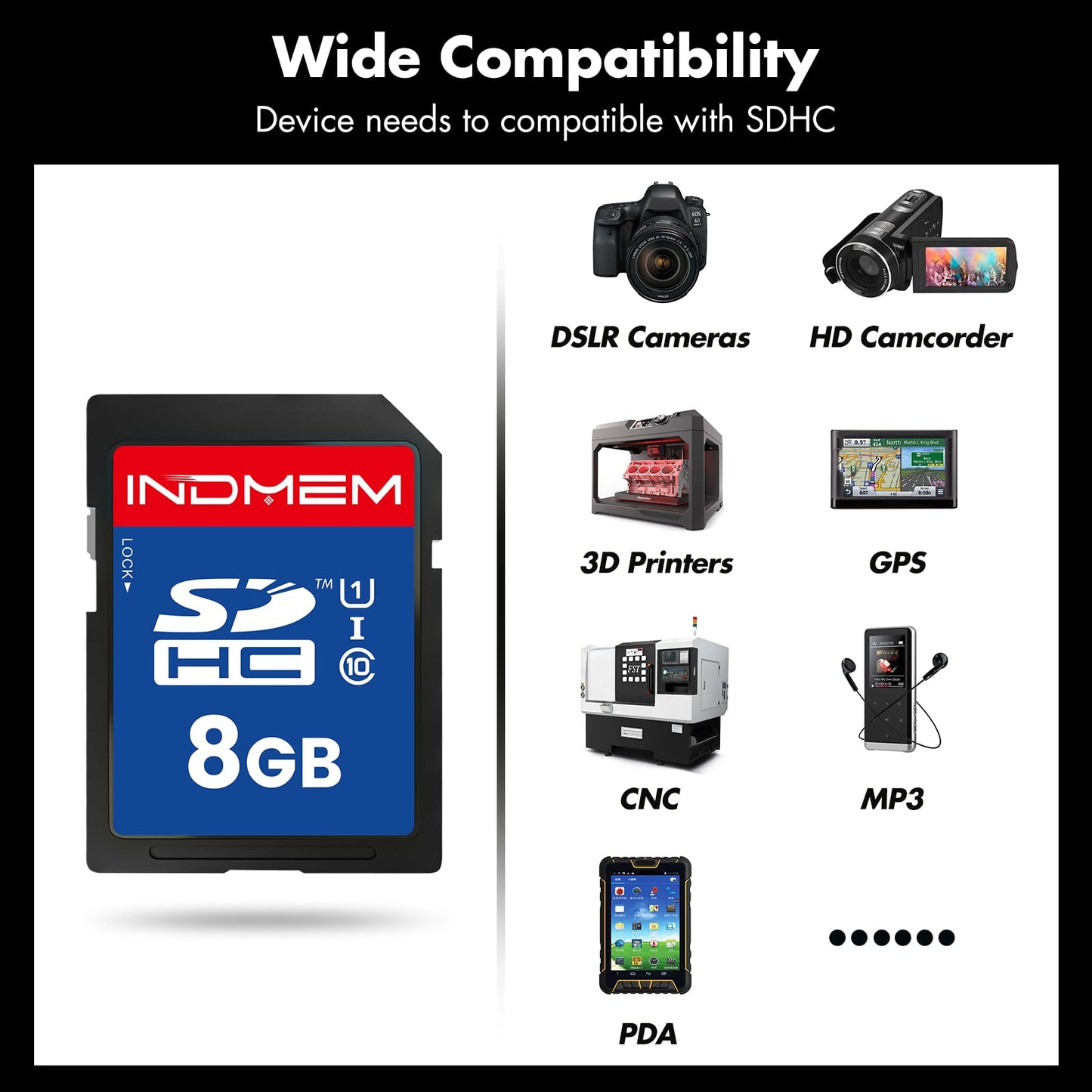 INDMEM SD Card 8GB 5 Pack UHS-I U1 Class 10 8G SDHC Flash Memory Card Compatible with Digital Camera, Computer, Trail Cameras