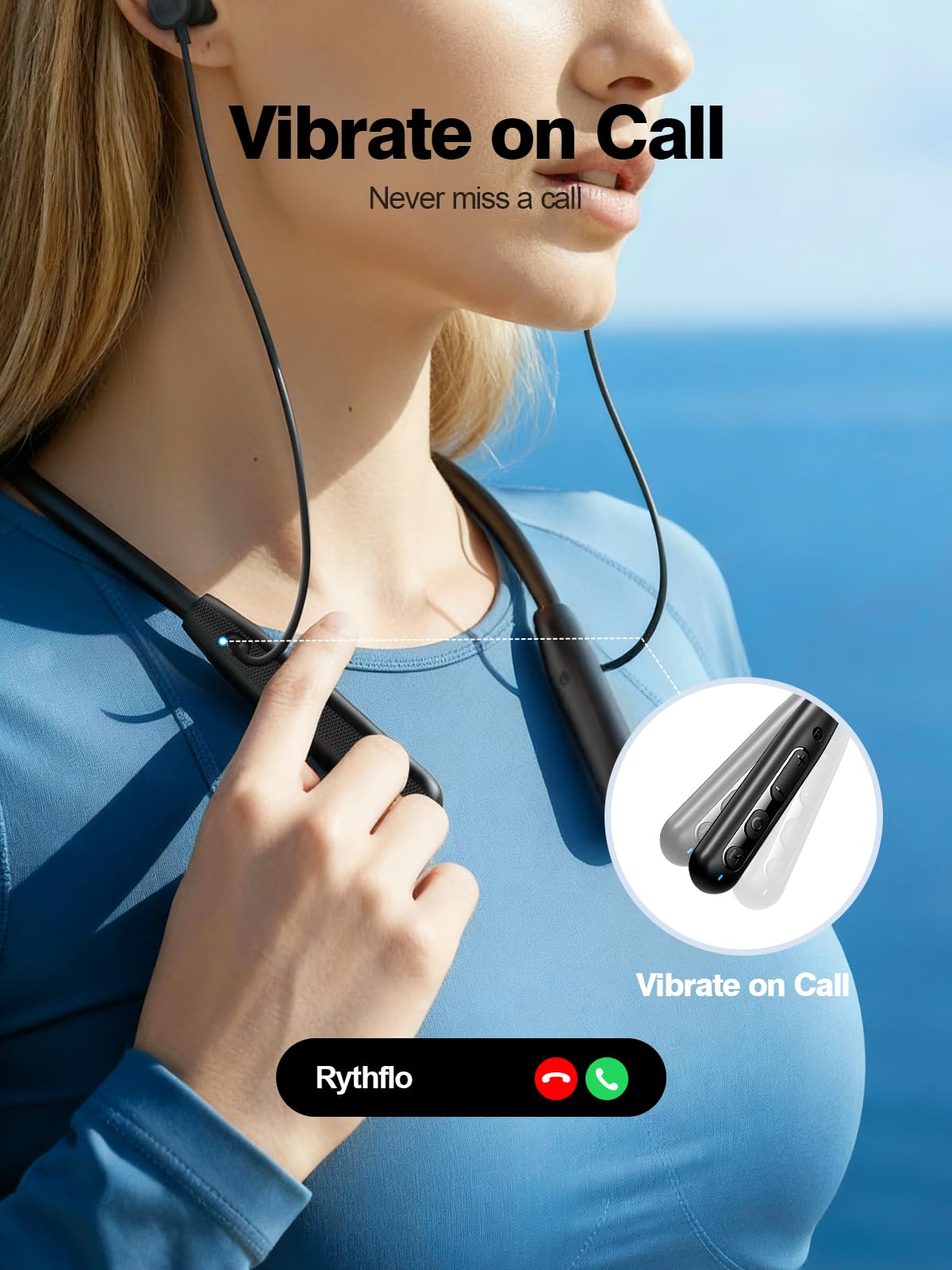 Rythflo Neckband Bluetooth Headphones, ENC IPX7 Sweatproof Sport Earbuds with AI-Enhanced Mic Vibration Call Alert, 50H Playtime Deep Bass Wireless…