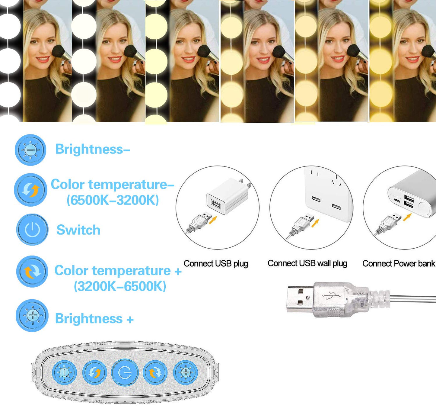 SICCOO Vanity Mirror Lights, 10 Dimmable Bulbs DIY Hollywood Style LED Makeup Mirror Lights with USB Cable, Lighting Fixture Strip for Makeup Dressing