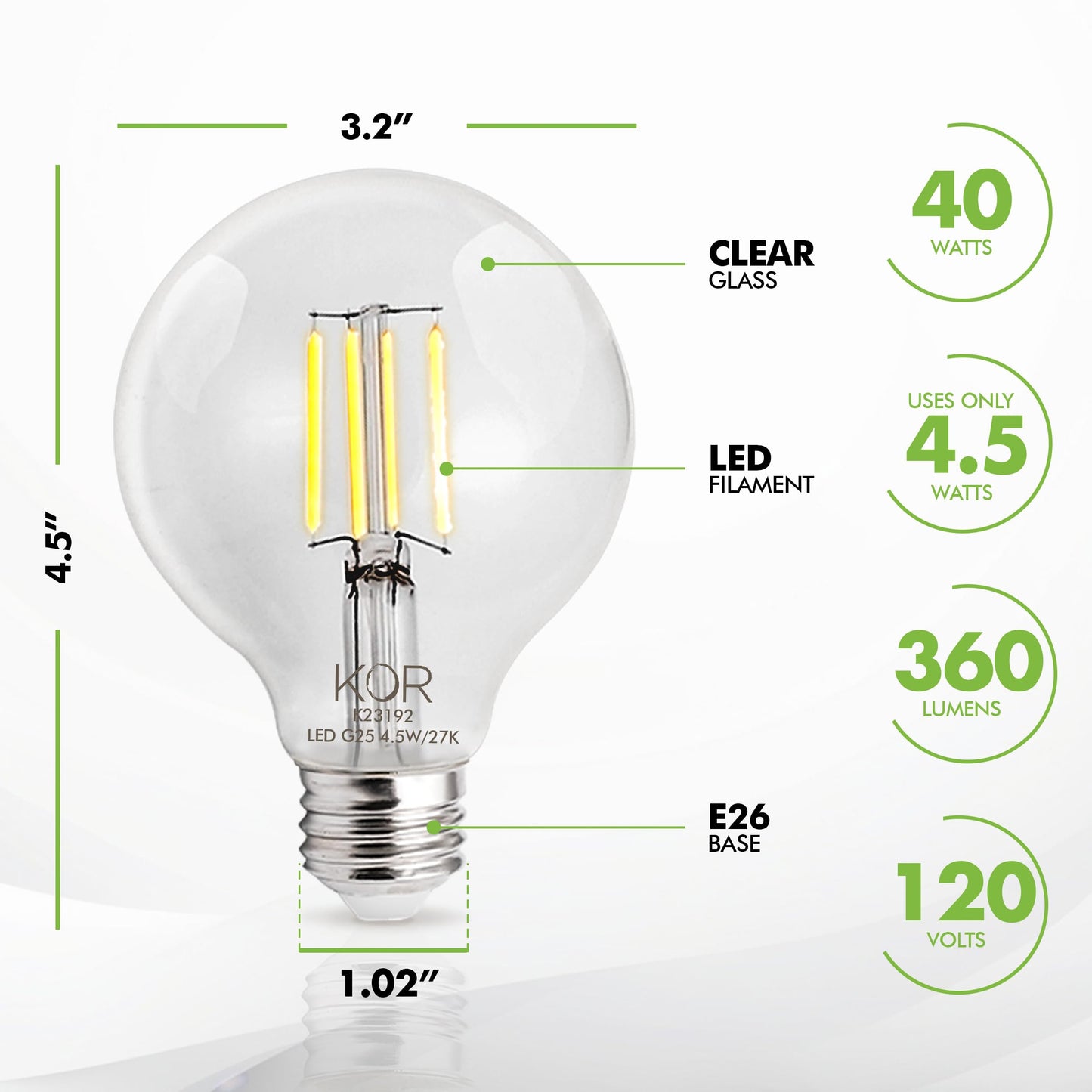 KOR G25 LED Globe Light Bulbs, 40W Equivalent, 2700K, Dimmable, 4-Pack
