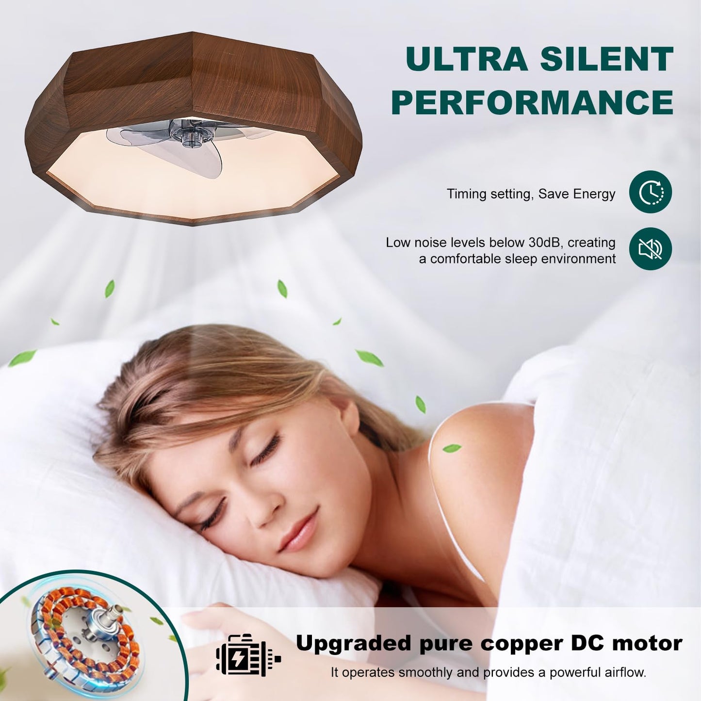 HSMKL 22? Low Profile Wooden Ceiling Fan with Lights, Retro Walnut Wood Grain Bladeless Ceiling Fan Light, 3 Color Dimmable LED Chandelier Fans
