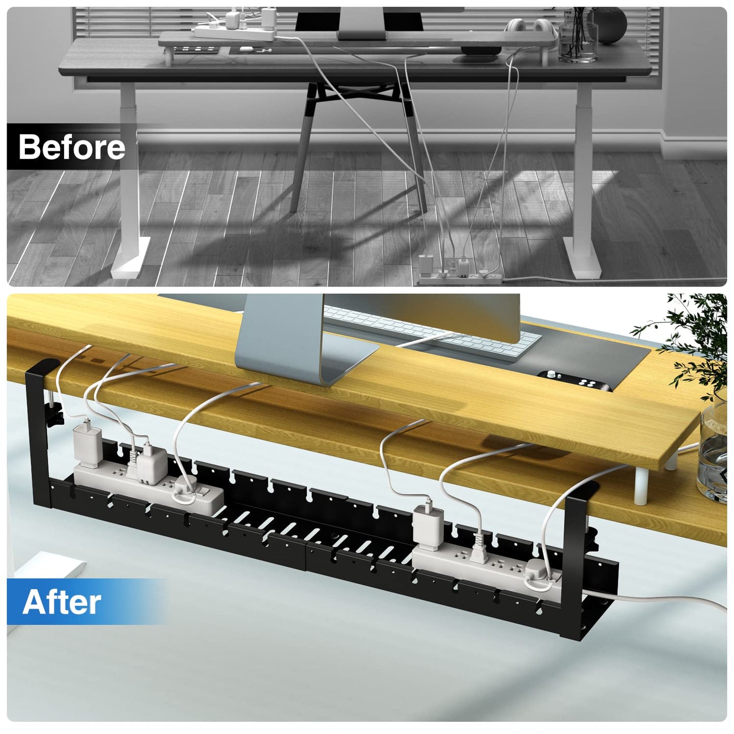 No Drilling Extendable Under Desk Cable Management, Metal Cable Management Tray Under Desk with Clamp, Retractable Power Strip Cord Holder for Wire