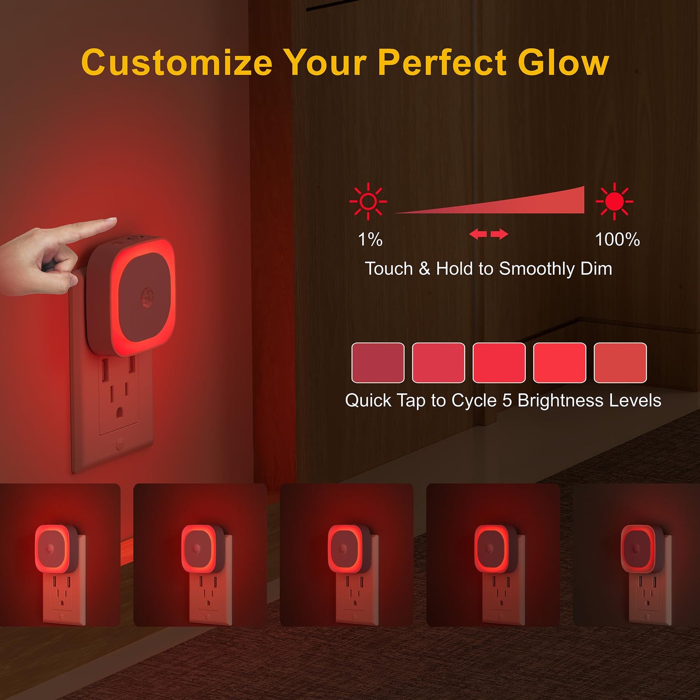YUNLEX 2 Pack Plug in Red Night Light with Motion Sensor & Dusk to Dawn Sensor, Soft Glow, 0% Blue Light, Dimmable, Auto On/Off, 3 in 1 LED Lights