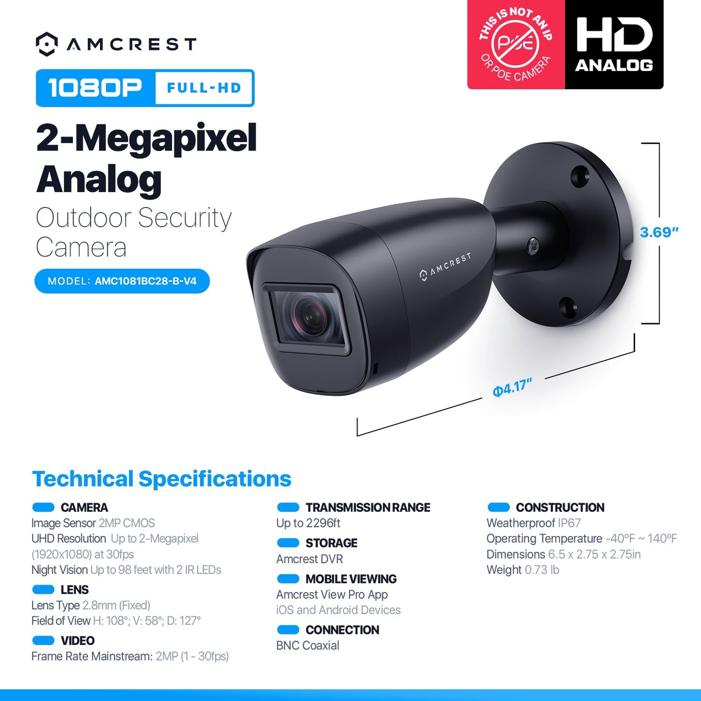 Amcrest Full HD 1080P 1920TVL Bullet Outdoor Security Camera (Quadbrid 4in1 HD-CVI/TVI/AHD/Analog), 2MP 1920x1080, 98ft Night Vision, 2.8mm Lens, 129°