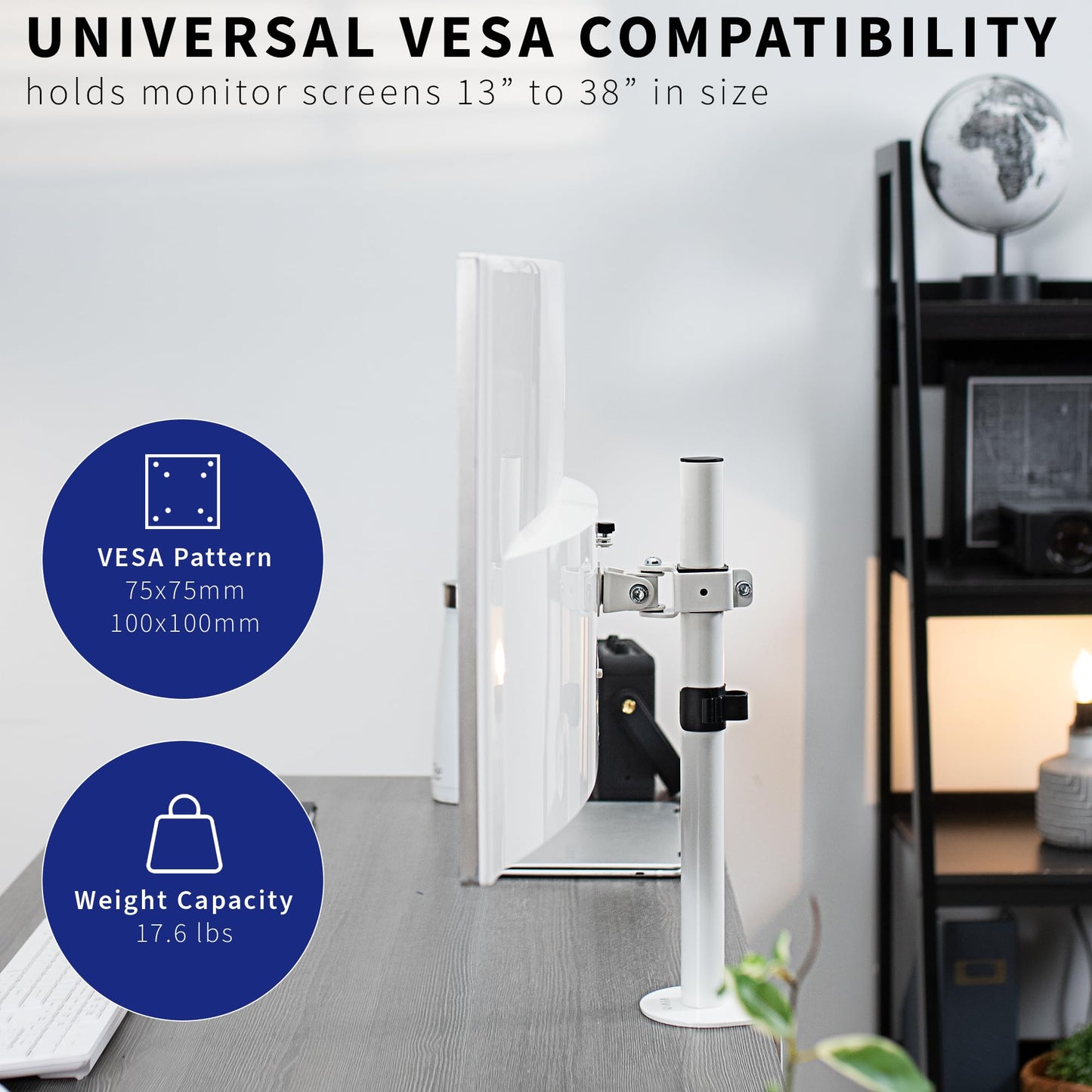 VIVO Single 13 to 38 inch LCD Monitor Heavy Duty Desk Mount Stand, Holds 1 Standard to Ultrawide Screen up to 38 inches, White, STAND-V001CW