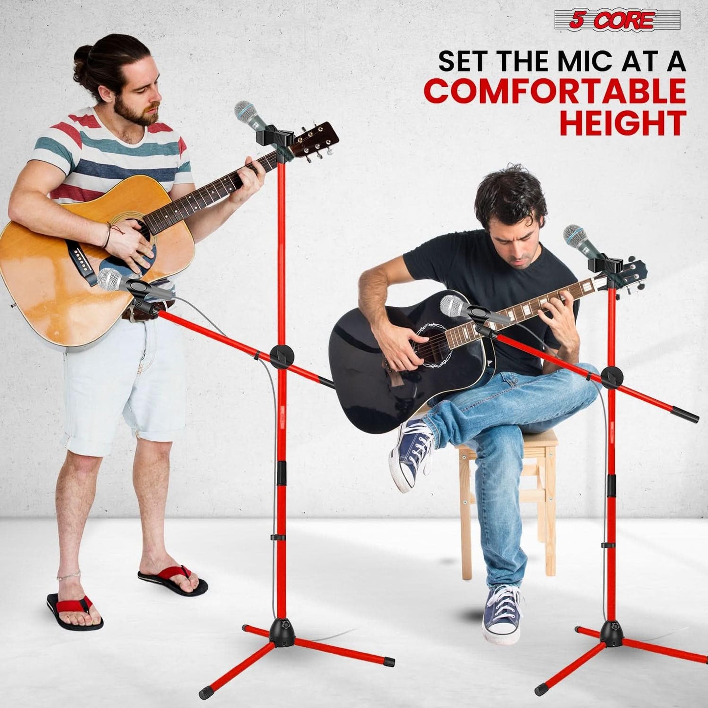 5 Core Tripod Mic Stand Floor Adjustable Sturdy Boom Arm Holder Microphone Stands Pedestal Para Microfono for Singing (Double Mic Stand Red)