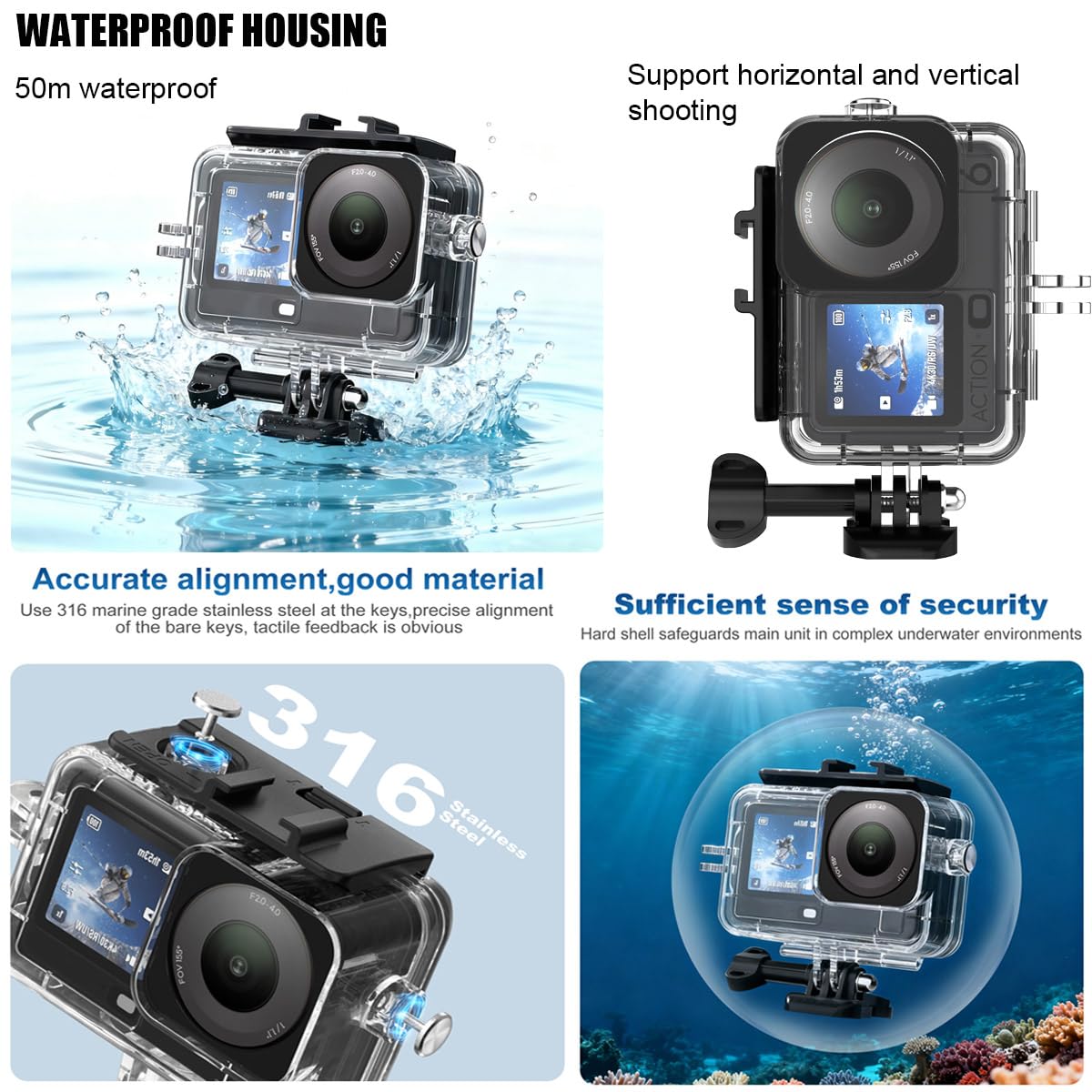Husiway Accessories Kit for DJI Osmo Action 6 Waterproof Case Diving Housing Silicone Case Glass Screen Protector Film Whole Bundle 60D