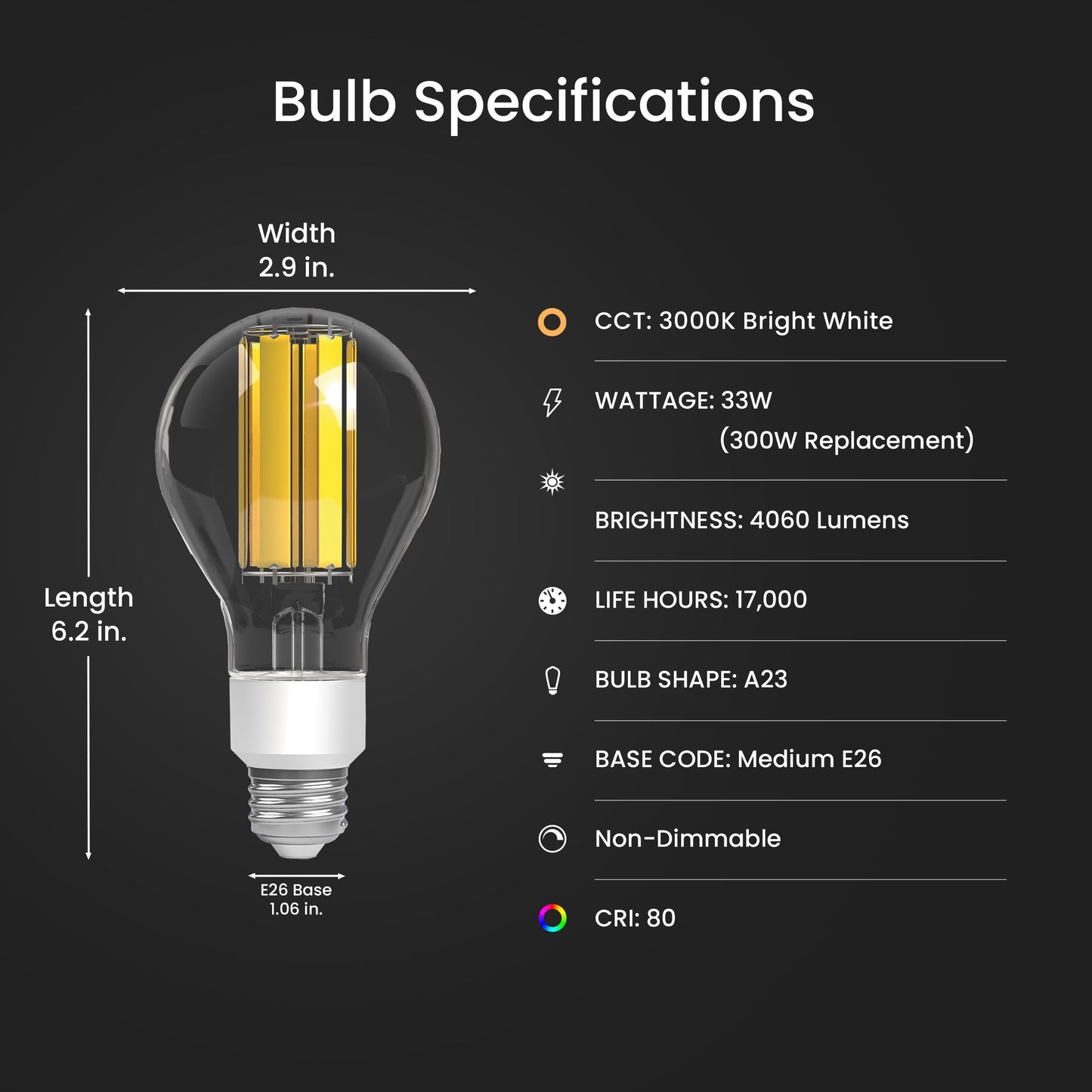 Feit Electric High Lumen A23 LED Light Bulb, Clear Glass Filament, 4060 Lumens, 300W Equivalent, 3000K Bright White, 17,000-Hour Lifetime, Ideal