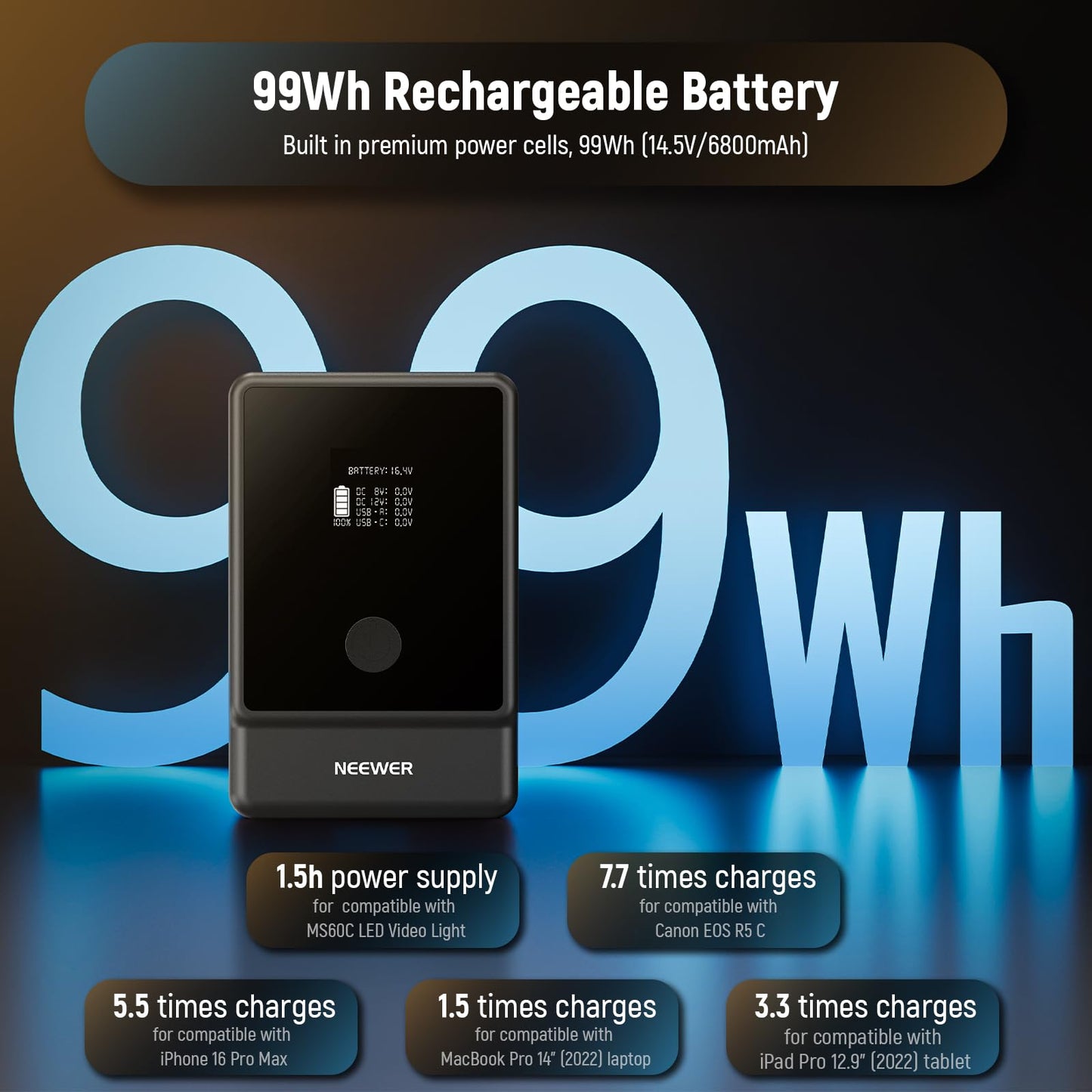 NEEWER Basics V Mount Battery PS099E, 6800mAh/99Wh Mini V Lock with OLED Display, D Tap/Type C Cable, PD65W USB C Fast Charging, D Tap/BP/USB A/DC